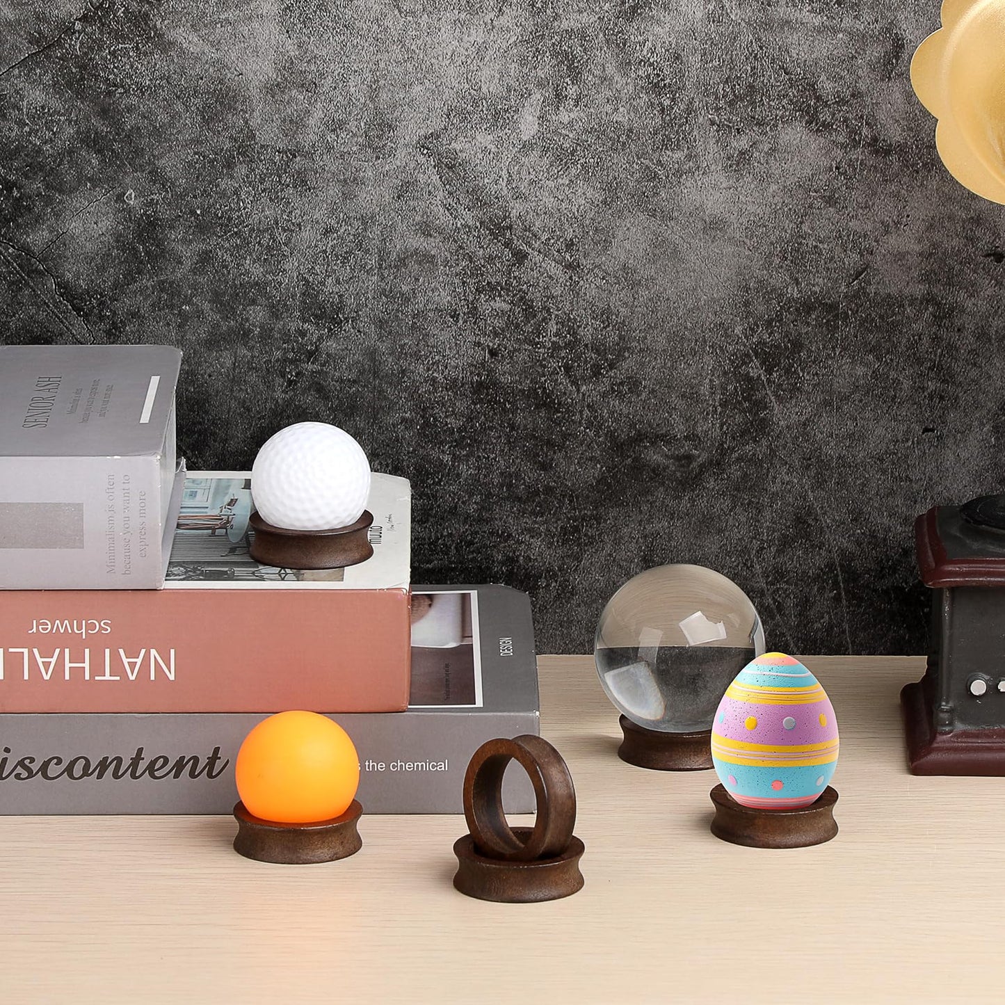 JUXYES Wooden Sphere Holder Display Stand, 6 Pack Small Wood Crystal Ball Stand, Simple Round Display Easel Stands for Decorative Eggs, Crystal Balls, Golf Ball, Stones, Gemstones, Collections, 32mm