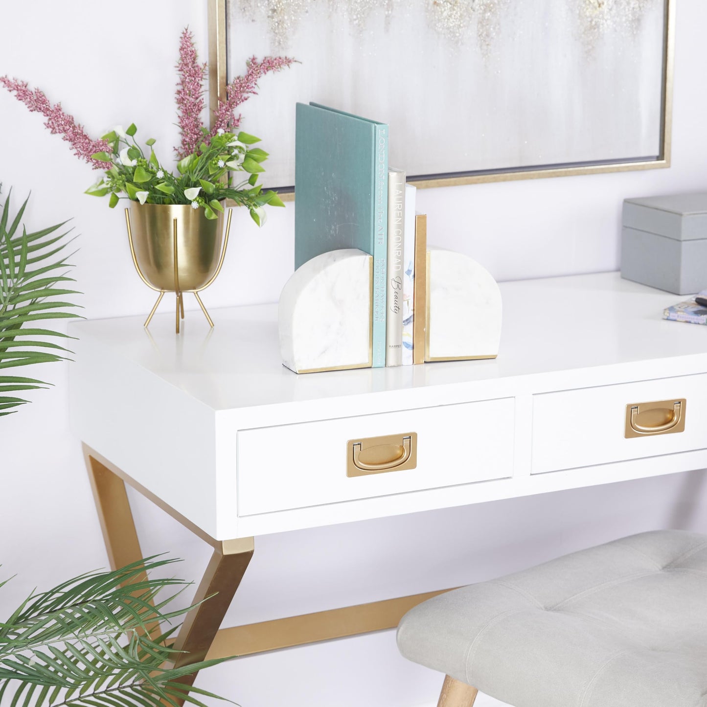 CosmoLiving by Cosmopolitan Marble Geometric Bookends with Gold Inlay, Set of 2 4"W, 6"H, White