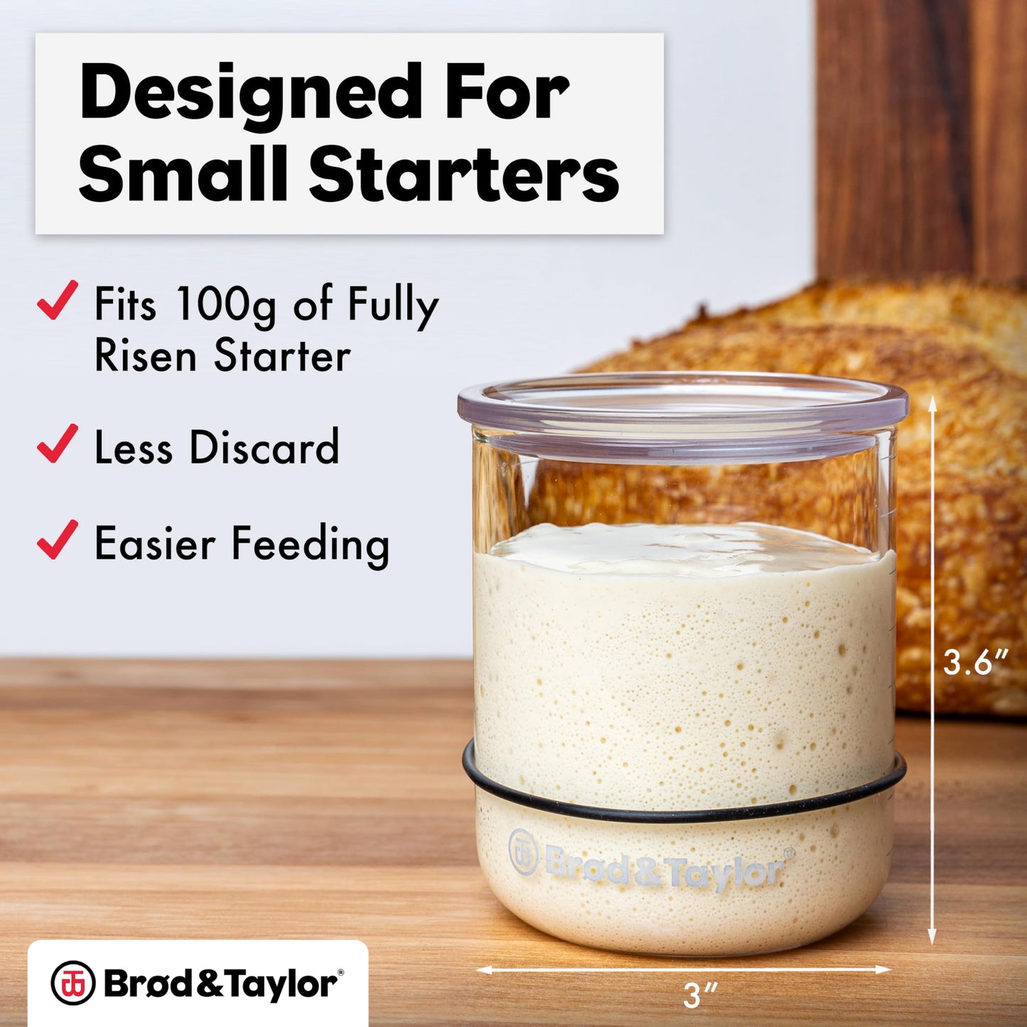 Brod & Taylor Small Sourdough Starter Jar (12oz) Less Discard Waste, 100% Dishwasher Safe, Measurement Markings, and Height Marker (Durable Glass Jar, BPA-Free)