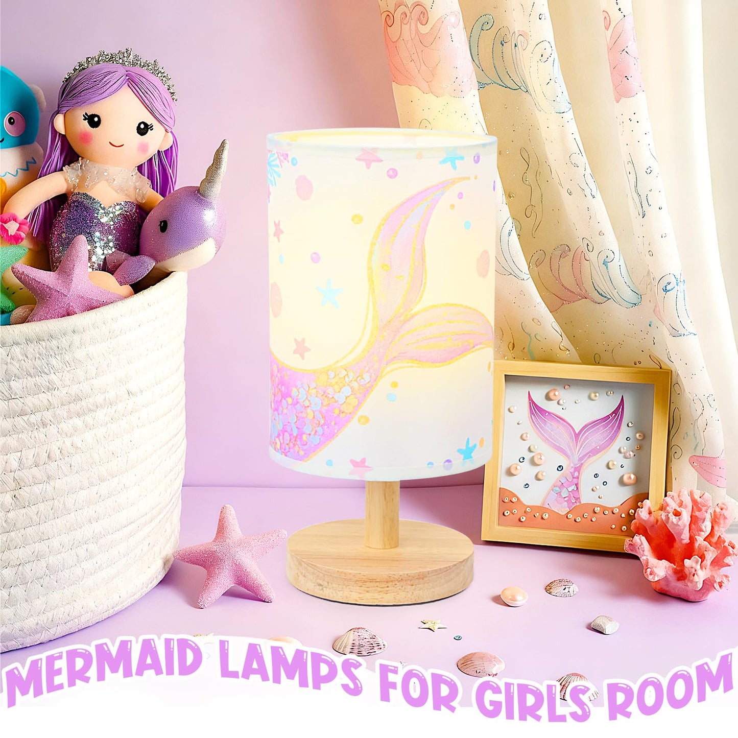 MASTRON Mermaid Table Lamp for Kids Bedroom - Mermaid Tail Pastel Kids Bedside Lamp with Linen Wooden Nightstand Nursery Lampshade for Girls Room Decor