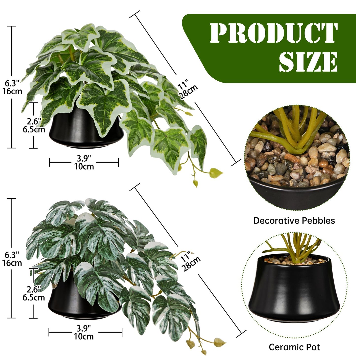 Arborus Artificial Potted Plants Set of 2 – Faux Variegated Monstera & Ivy Plants in Ceramic Pots, Small Artificial Hanging Greenery for Modern Home, Desk, Shelf & Bathroom Décor