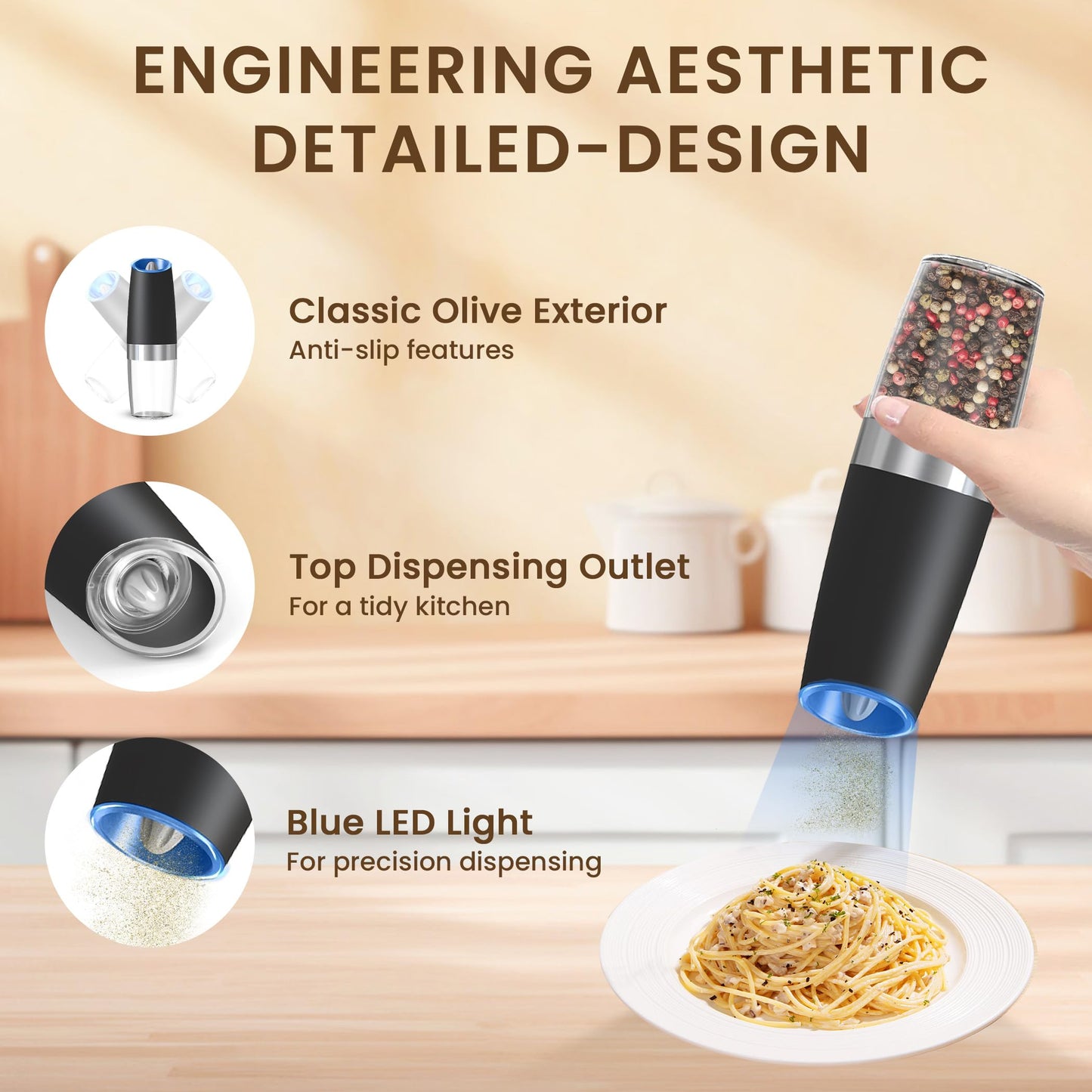 KIARYUOLL Gravity Electric Salt And Pepper Grinder Set, Automatic Salt And Pepper Grinder Set, Battery Powered (6 AAA Batteries Each), Adjustable Roughness, LED Light, 2 Pack, (Black)