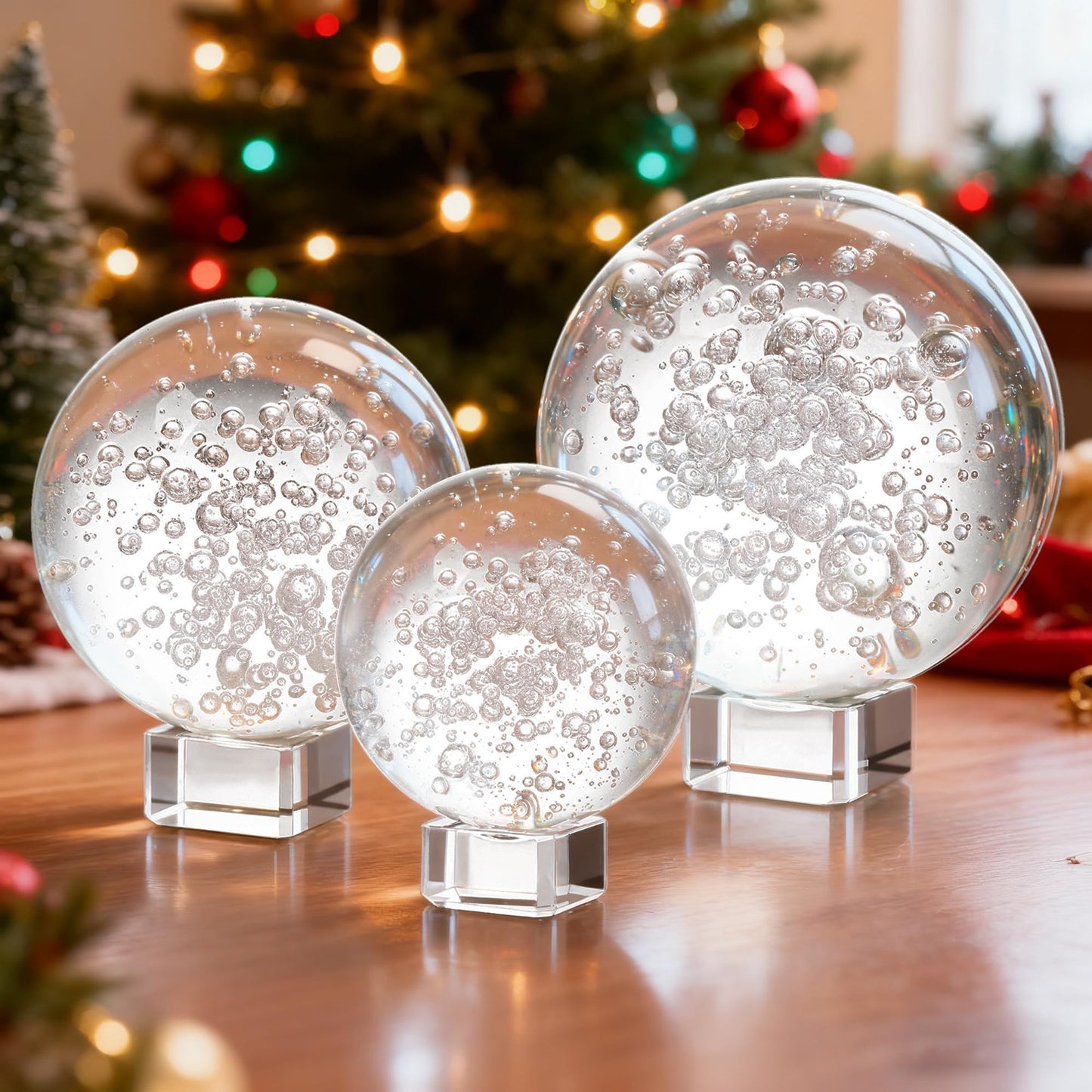 Crystal Ball Set of 3 K9 Bubble Glass Decorative Spheres with Stands