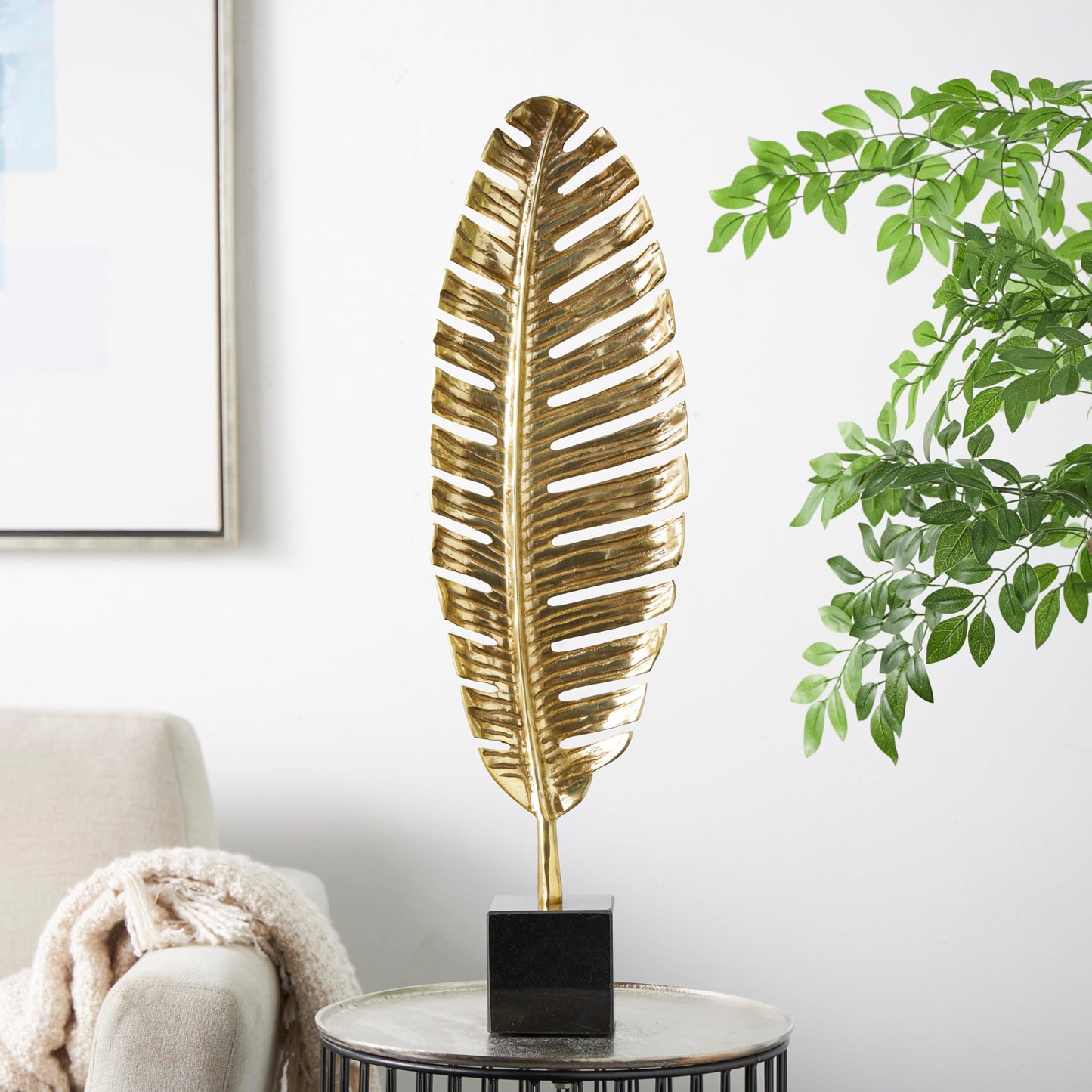 CosmoLiving by Cosmopolitan Aluminum Metal Leaf Decorative Sculpture Standing Single Home Decor Statue with Black Marble Base, Accent Figurine 9" x 4" x 30", Gold
