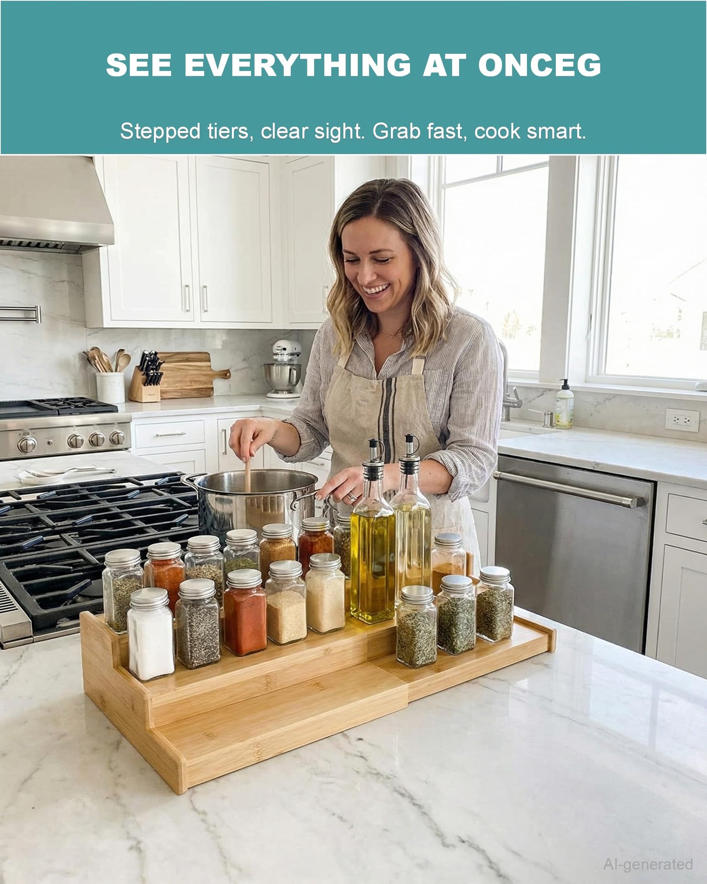 3-Tier Expandable Bamboo Spice Rack,Spice Organizer for Cabinet, Adjustable 12"-24" Wide Storage Shelf for Countertop, Pantry & Cupboard, Natural Wood Kitchen Organization,No Assembly