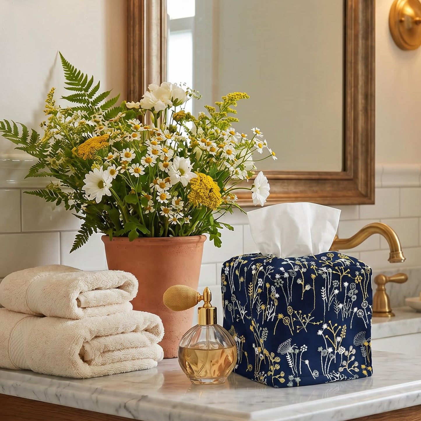 Hausfrau Tissue Box Cover Square, Floral Linen Tissue Box Holder Decorative Cute Cube Napkin Holder for Living Room, Bathroom, Bedroom or Office, Embroidered Jacquard Blue Floret