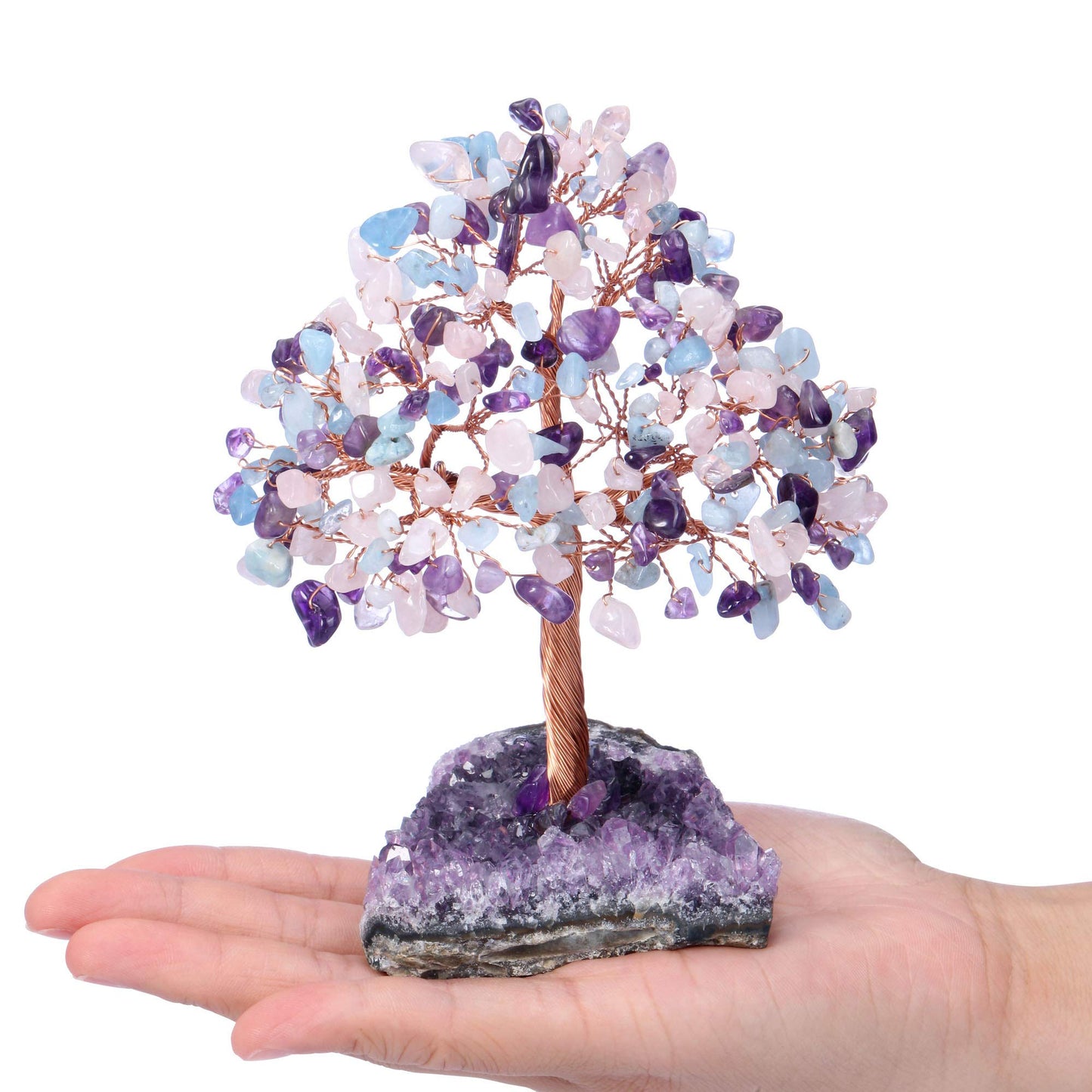 Jovivi Natural Amethyst + Aquamarine + Rose Quartz Healing Crystal Money Tree on Amethyst Cluster Geode Druzy Base Feng Shui Crystals for Home Office Desk Decorations, Wealth, Good Luck