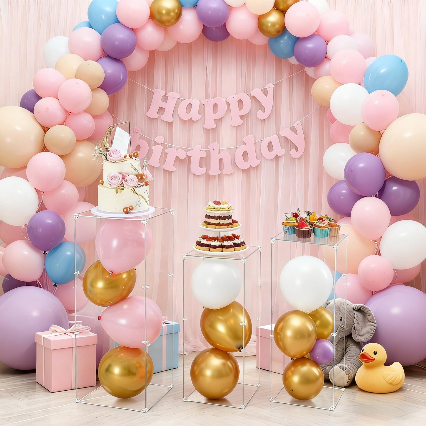 Vincidern 3pcs Acrylic Square Pedestal Stand for Party, Wedding, Events – Clear Display Plinth Pillars for Cake, Flowers, Sculptures, Birthday, Baby Shower, Art Gallery, Home Decor (31.5"/27.6"/23.6" H)