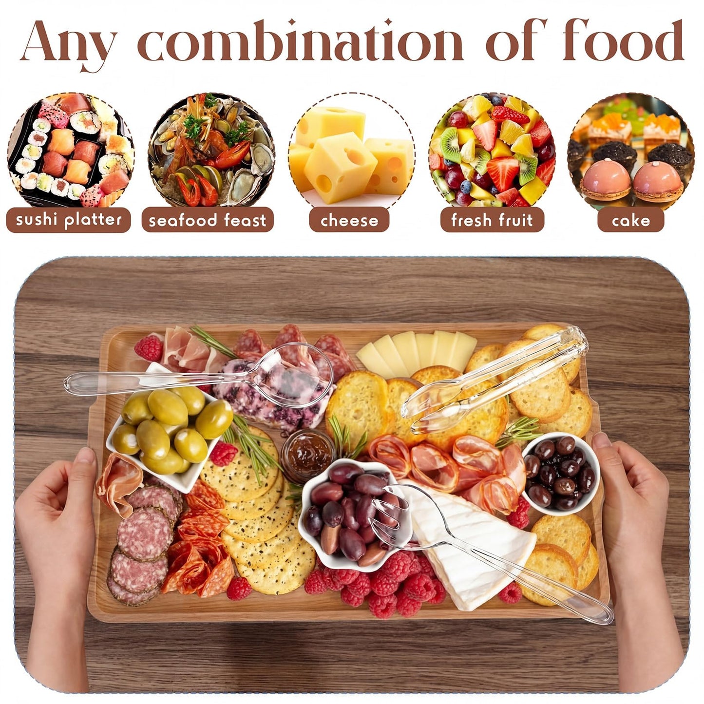 Baderke 1 Set 16" x 9" Chilled Serving Tray for Parties with Compartments Ice Chilled Party Crudite Platter Charcuterie Serving Board Cold Dish Dip Tableware for Seafood Vegetable (Light Wood)