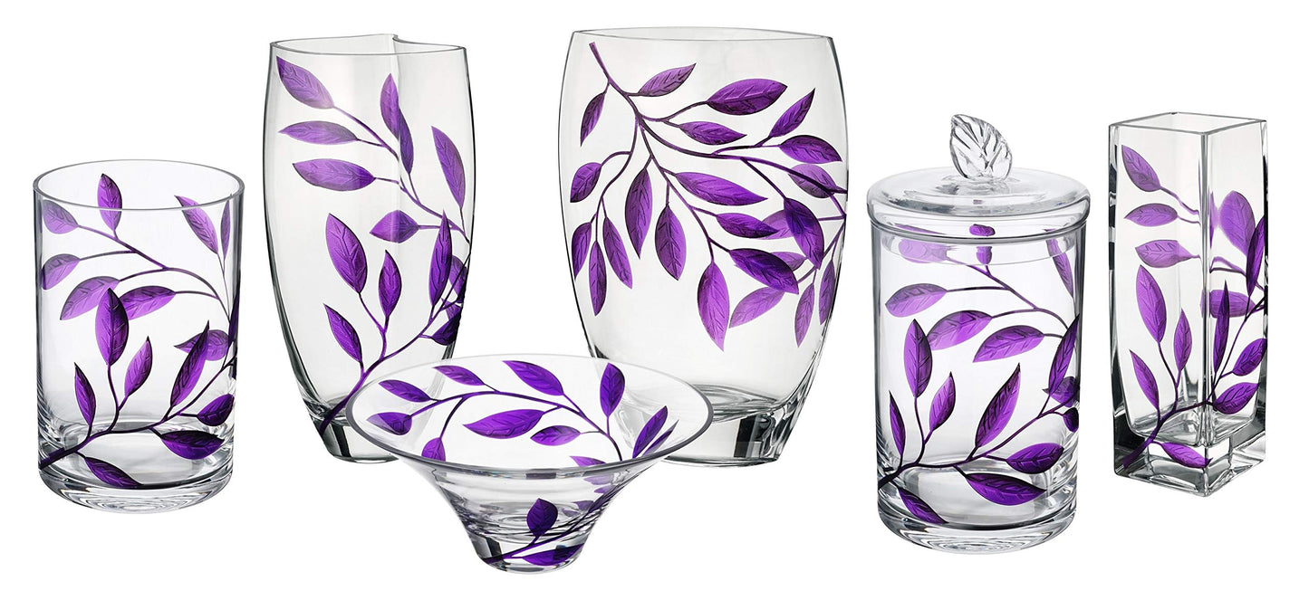 Large Hand Blown Glass Vase 30 cm - Purple Leaves Decor
