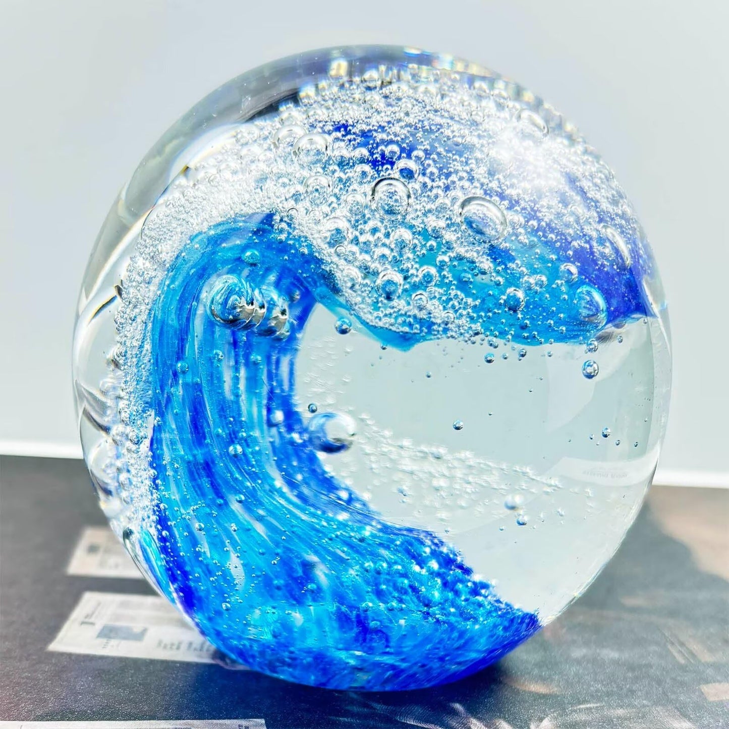 FZBHRO Decorative Crystal Ball Figurines Ocean Waves Paperweight Blown Glass Decor Sea Art Ocean Lovers Gift Blue 3.15"