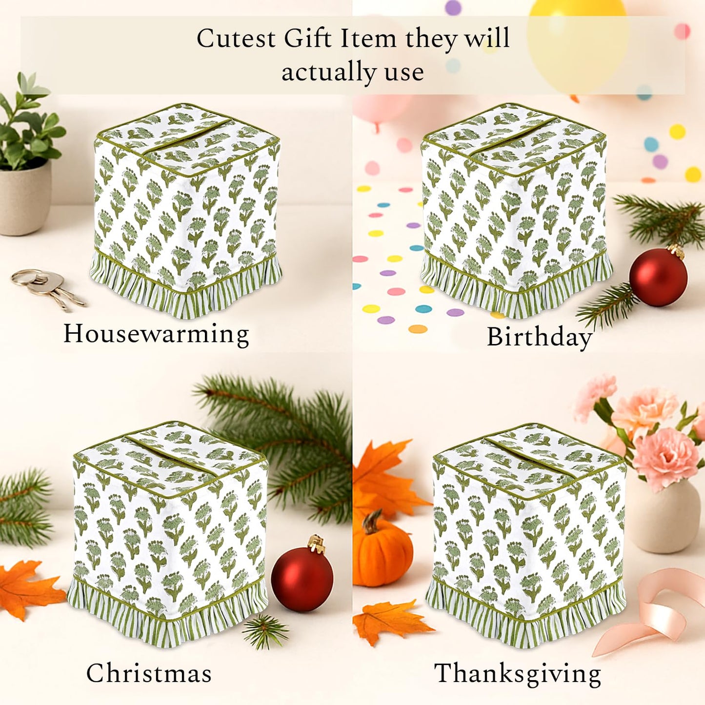 CPC Emerald Green Hand Block Print Cotton Ruffle Tissue Box Cover 4.5"x4.5"x5"Inch, Square Decorative Tissue Holder Cover for Bathroom, Living Room, Bedroom, Home Décor, Vanity, Car Gift for Summer
