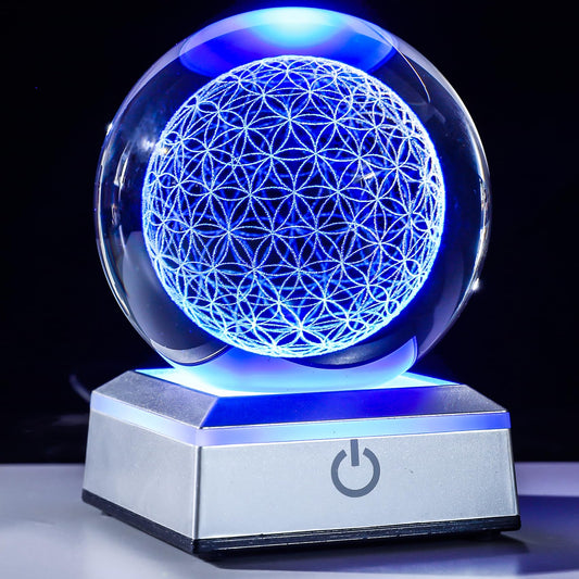 3D Flower of Life Crystal Ball with Colorful LED Base, Chakra Healing Grid Flower Globe for Spiritual Decor, Crystal Engraved Sacred Geometry Glass Sphere Paperweight Ornaments Gifts for Men Women