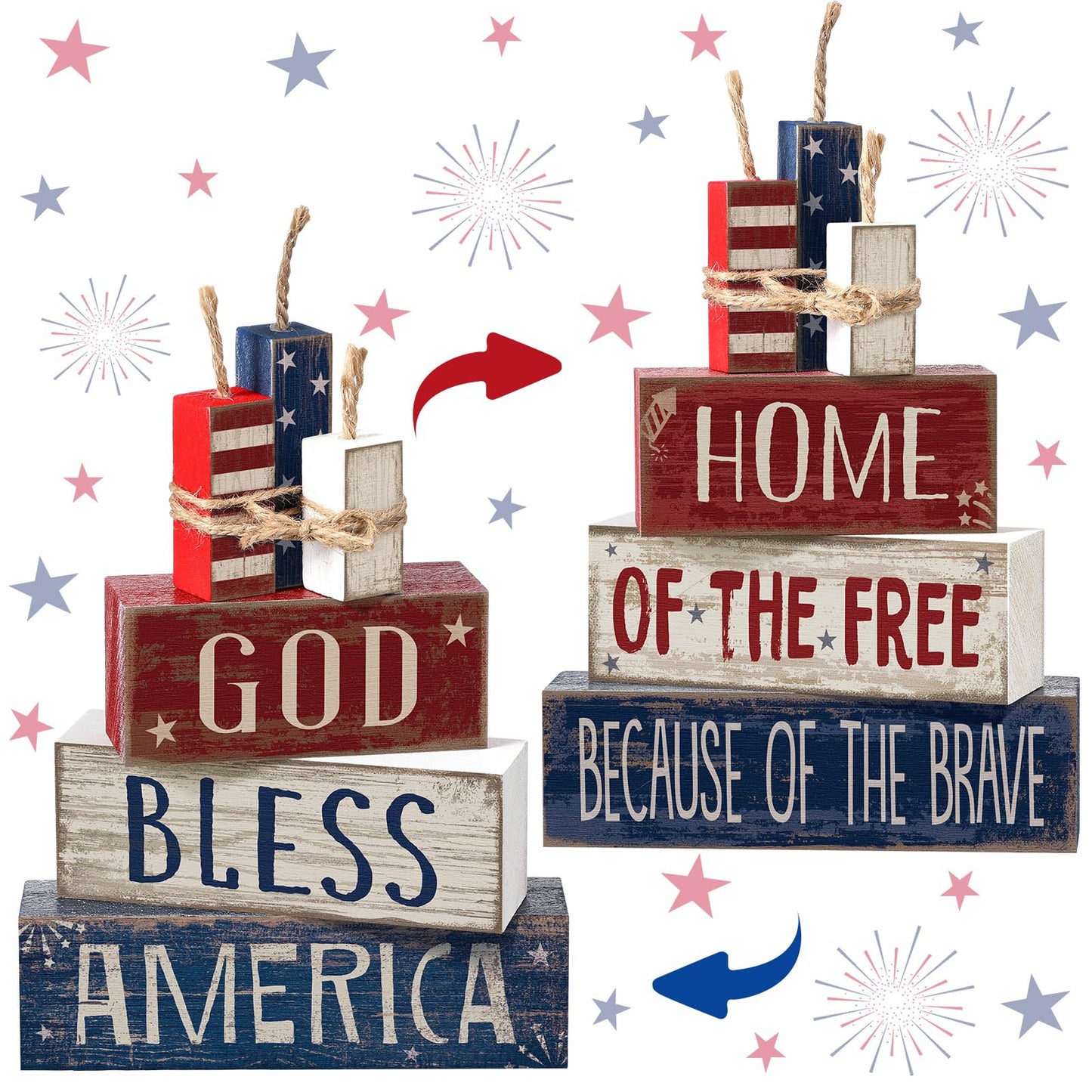 Moucuny 4 Pcs 4th of July Table Decorations Reversible Memorial Day Table Centerpiece Patriotic Fireworks Block Sign with String for 250th Anniversary USA Tiered Tray Home Shelf Decor