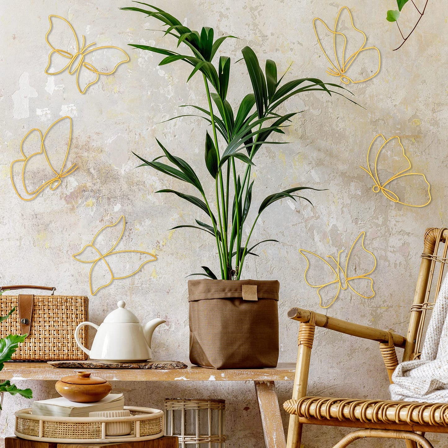 Hotop 6 Pieces Gold Metal Butterfly Wall Decor Wired Butterflies Wall Art Line Flowers Hanging Decorations for Bedroom Living Room Kitchen Bathroom Indoor Wedding Birthday Party