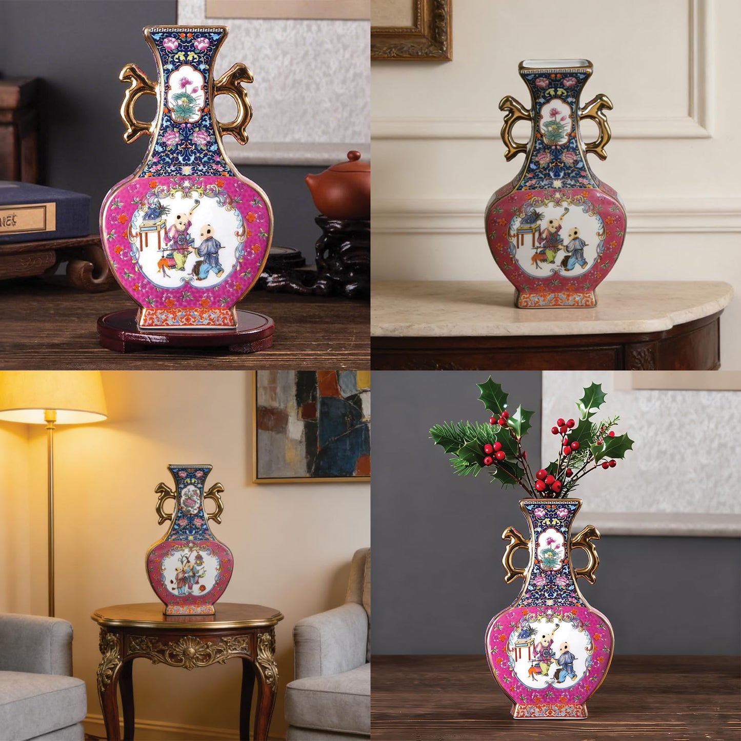Kaolirra Antique Ceramic Vase - 9.8 Inch Enamel Porcelain Vase with Gold Trim, Chinese Purple Red Double-Handled Flat Ornament for Home Decor, Housewarming Gift, Collector's Art Piece