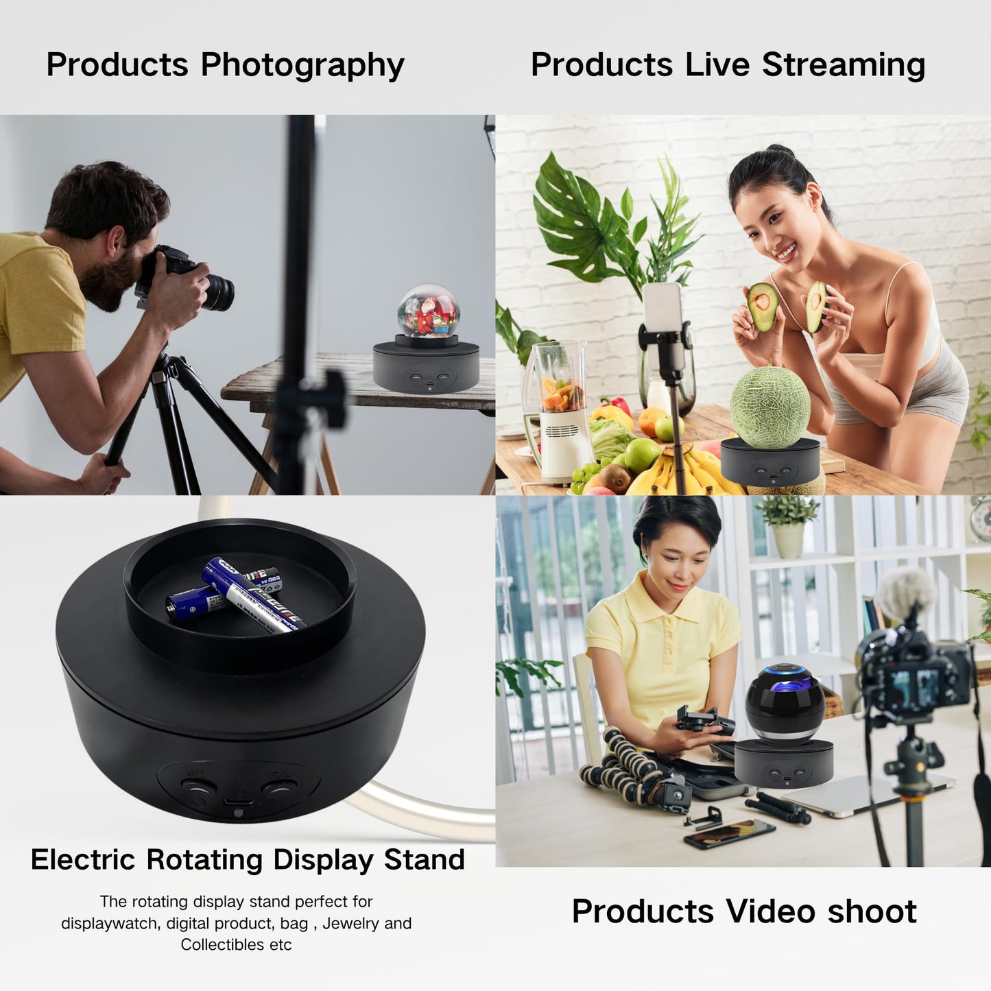 JAYEGT Bowl-Shape Motorized Rotating Display Stand ,5.2 inch/ 11Lbs Load , 360 Degree Electric Rotating Turntable for Photography Products, Especially Suitable for Balls, Gemstones, Crystals -Black