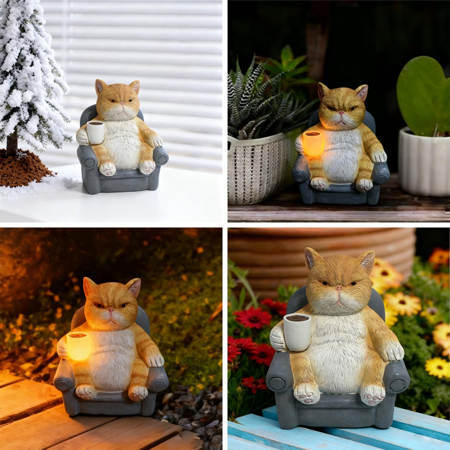 AmoroHui Hand-Painted Orange White Shatterproof Resin Cat Figurine with LED Light - Glowing Coffee Cup Design Outdoor Decor (5.1x4.1x5.5 Inch) (cat)