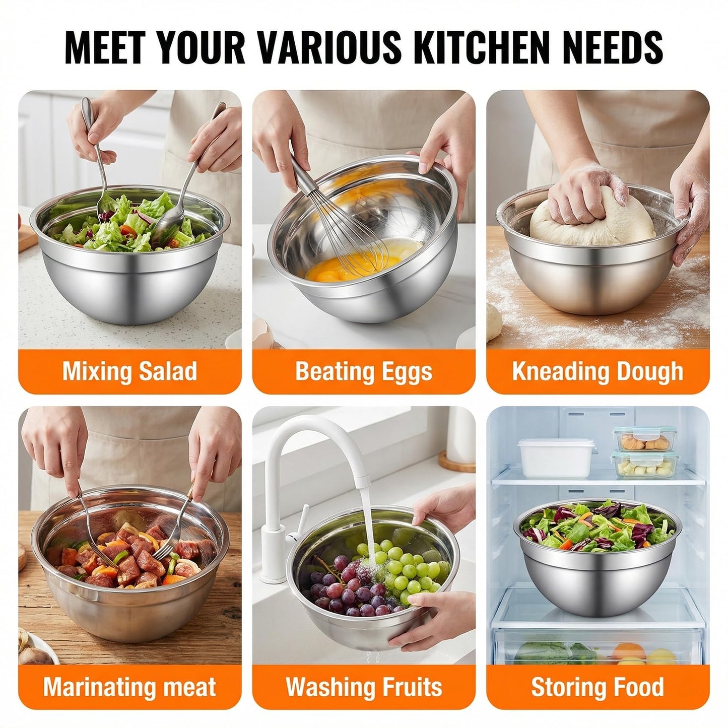 Xyingshine Stainless Steel Mixing Bowls with Lids, 6-Size Nesting Set 0.7-4 QT, 3 Grater Inserts for Meal Prep, Baking, Serving & Storage