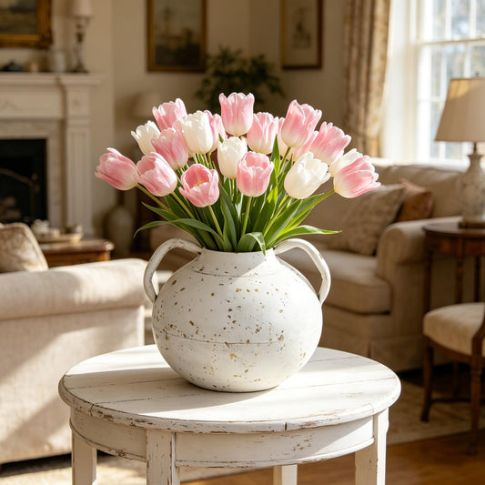 Vintage Flower Vase with Handle 7.68" Rustic Distressed White Vase Farmhouse Decorative Jug Vase for Home, Living Room, Wedding, Shelf, Table Centerpiece Entryway Decor (White)