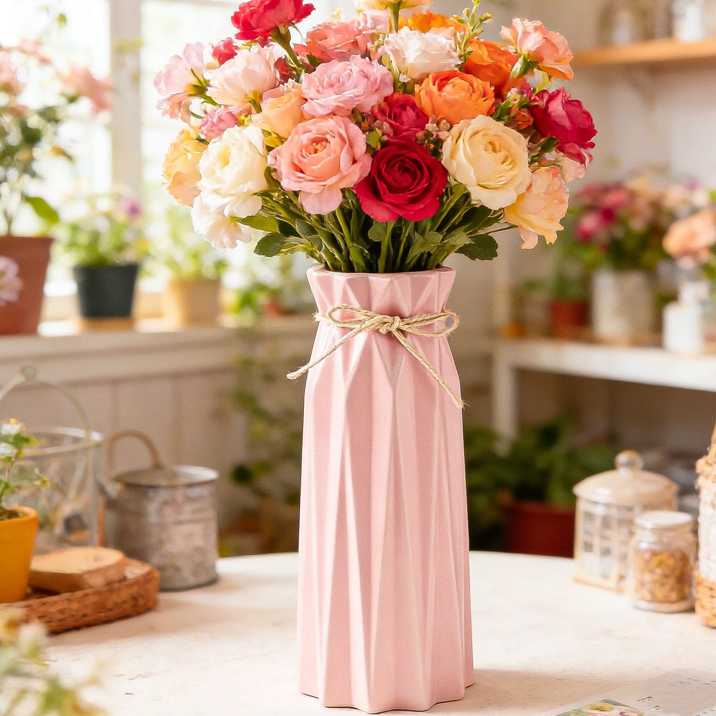 Busnos Pink 9.5inch Tall Ceramic Flower Vase Home Decor Living Room Bedroom Kitchen Office Coffee Table Room Vase Decor Cute House Warming Gifts Centerpieces for Tables Dining Room Table Decoration