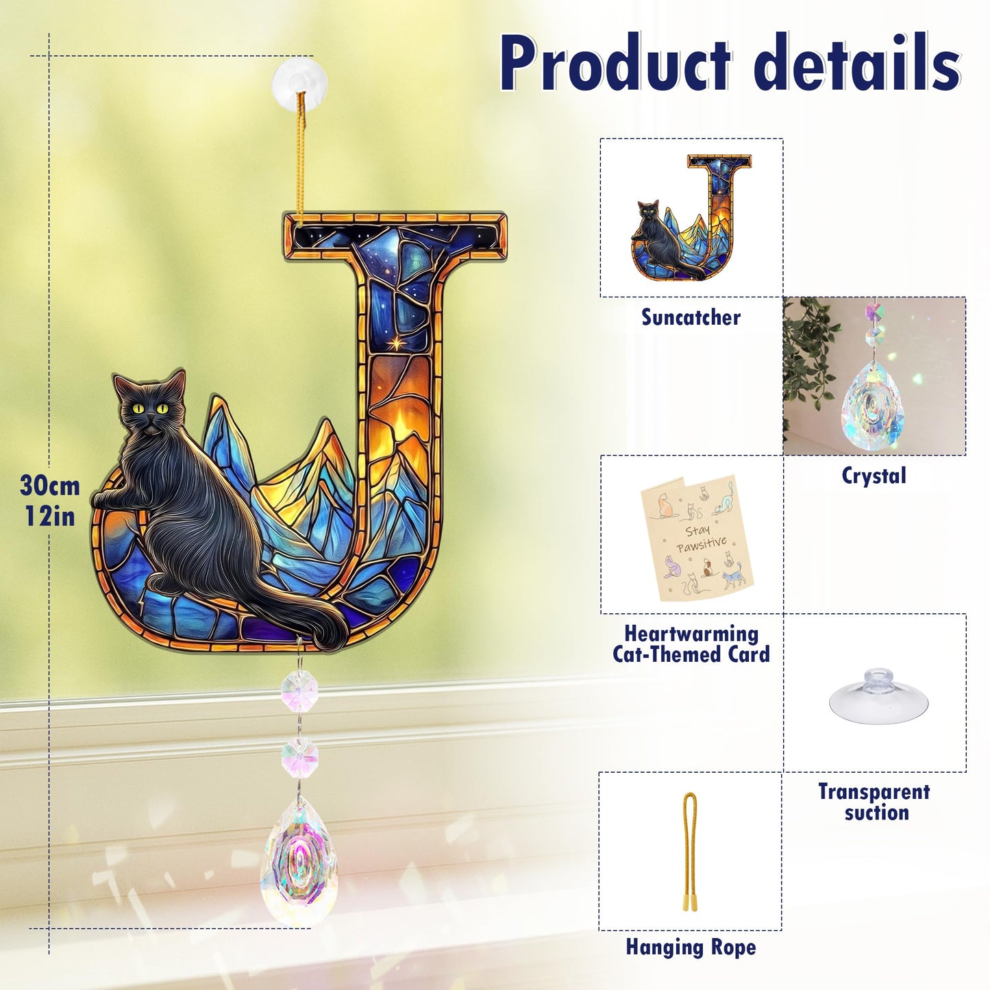 Suncatchers for Windows Hanging, Cat Starry Night Gifts for Women, Crystal Sun Catchers Indoor Window Rainbow Maker. Black Cat Lover Gifts for Women Personalized - Letter J