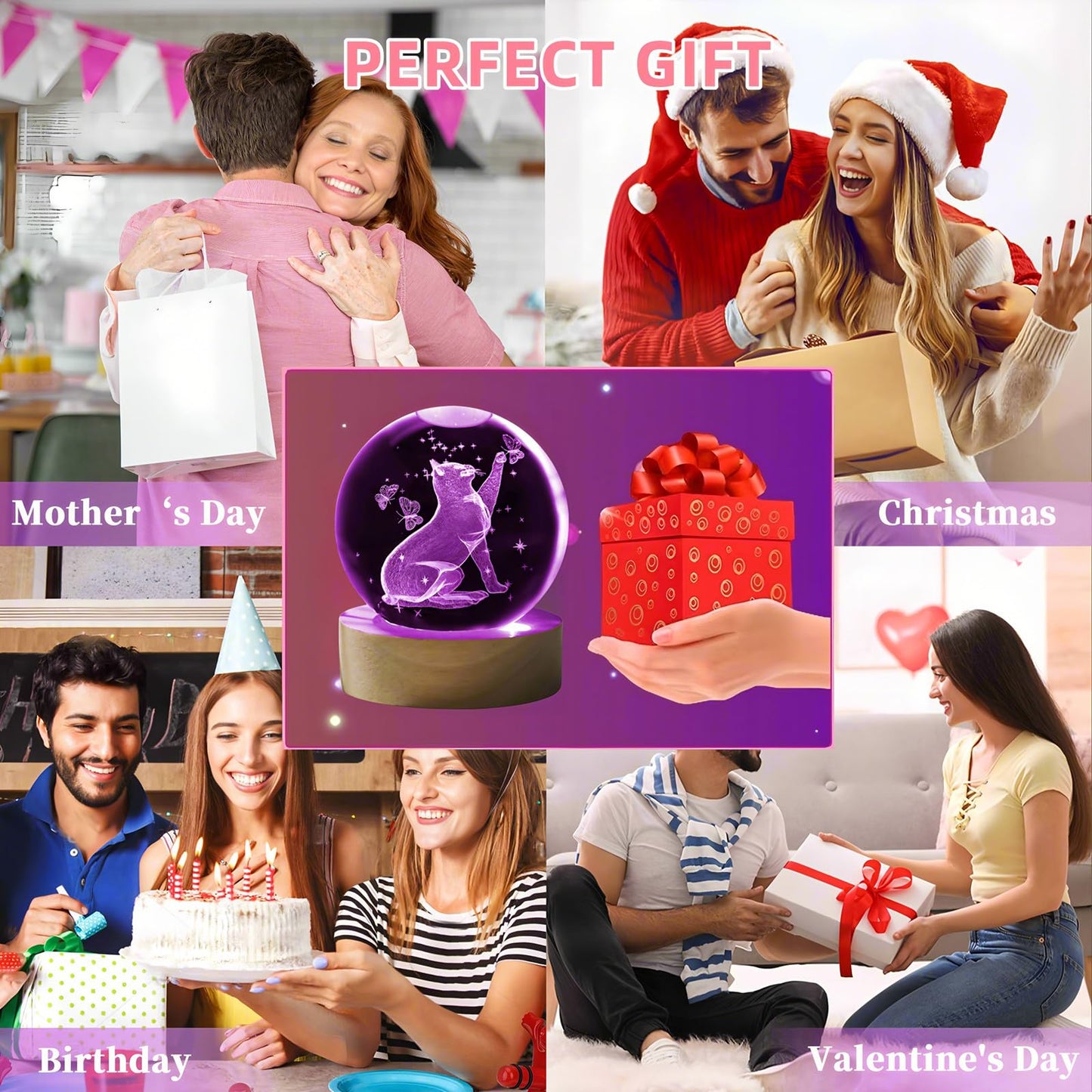 HAKSEIFA 3D Cat Crystal Ball Themed Gifts for Mom Wife Girlfriend Couple Her Cat Lover Gift for Women Birthday Christmas Decorative Glass Ball Decor Night Lamp