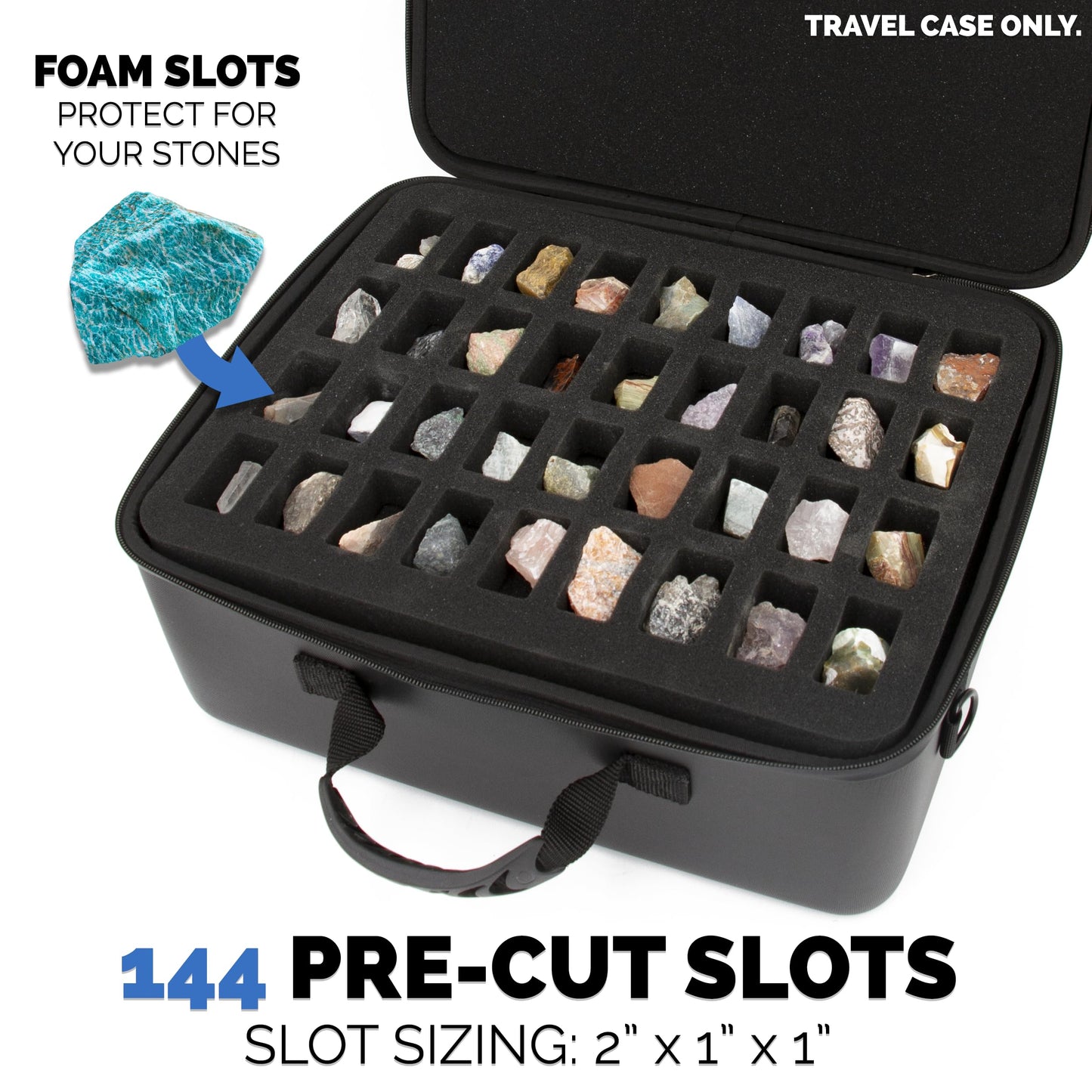 CASEMATIX Rock Collection Travel Case - 144 Slot Rock Collection Box with Four Protective Foam Trays, Crystal Storage and Travel Case with Shoulder Strap and ID Card Holder!