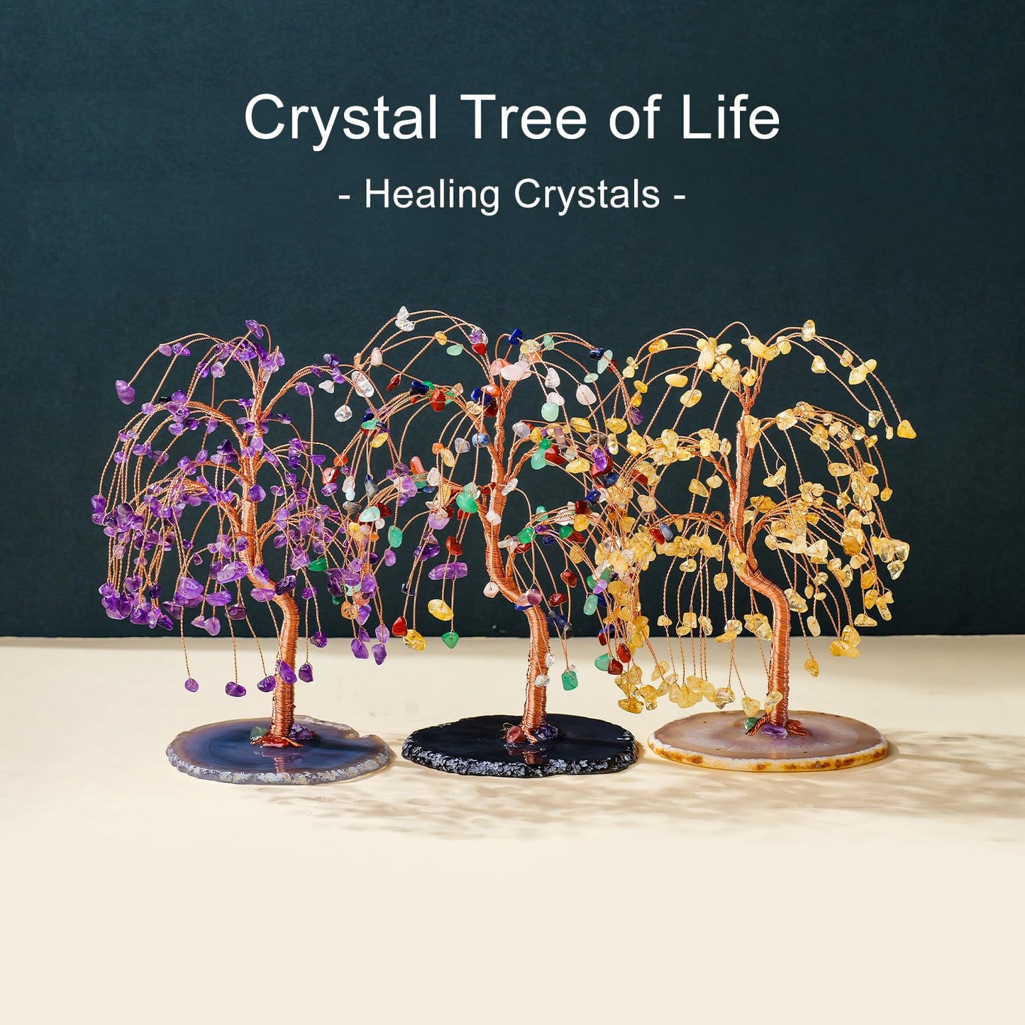 Runyangshi Chakra Crystal Tree of Life Handmade with Copper Wire - 7-8" Natural Healing Crystal Willow Tree Geode Agate Slices Base for Home Decor, Feng Shui Gifts, Office Desk Ornament