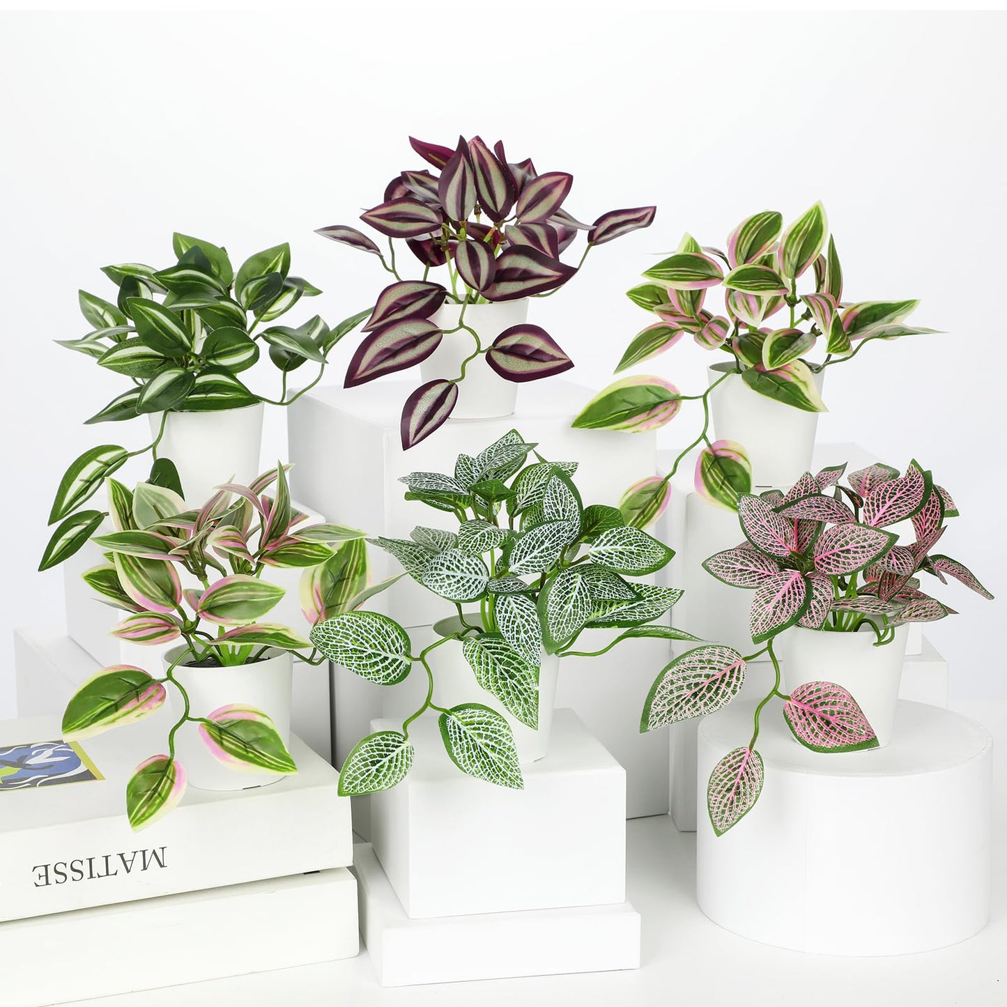 Hollyone Fake Plants 6 Pack Artificial Plants Indoor Faux Plant with White Plastic Pot Small Fake Potted Plant for Home Aesthetic Living Room Bathroom Desk Shelf Office Decor