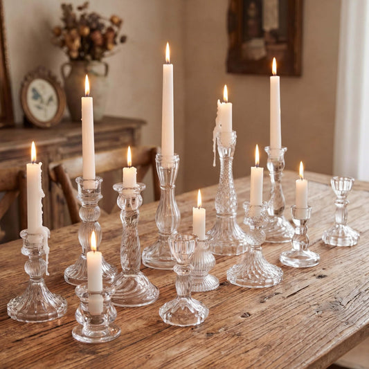 Mumufy 12 Pcs Glass Crystal Taper Candle Holders Clear Glass Candlestick Holder Fit 0.8 Inch Red Green Ribbed Taper Candlestick Holders Centerpiece Table Wedding Party