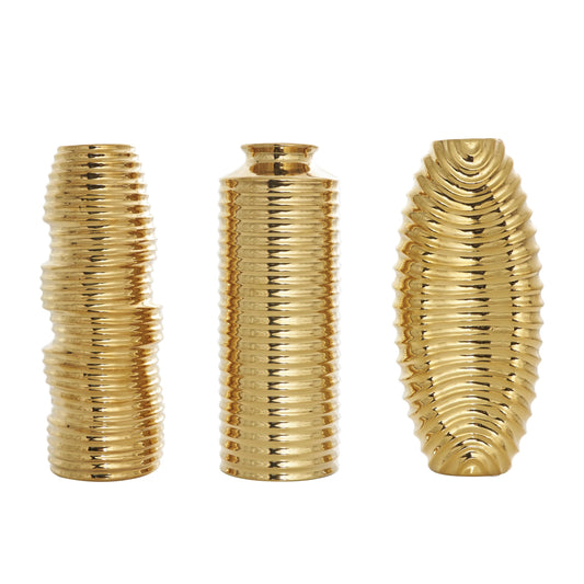 Deco 79 Ceramic Decorative Vase Dimensional Ribbed Centerpiece Vases with Varying Shapes, Set of 3 Flower Vases for Home Decoration 4" W, 11" H, Gold