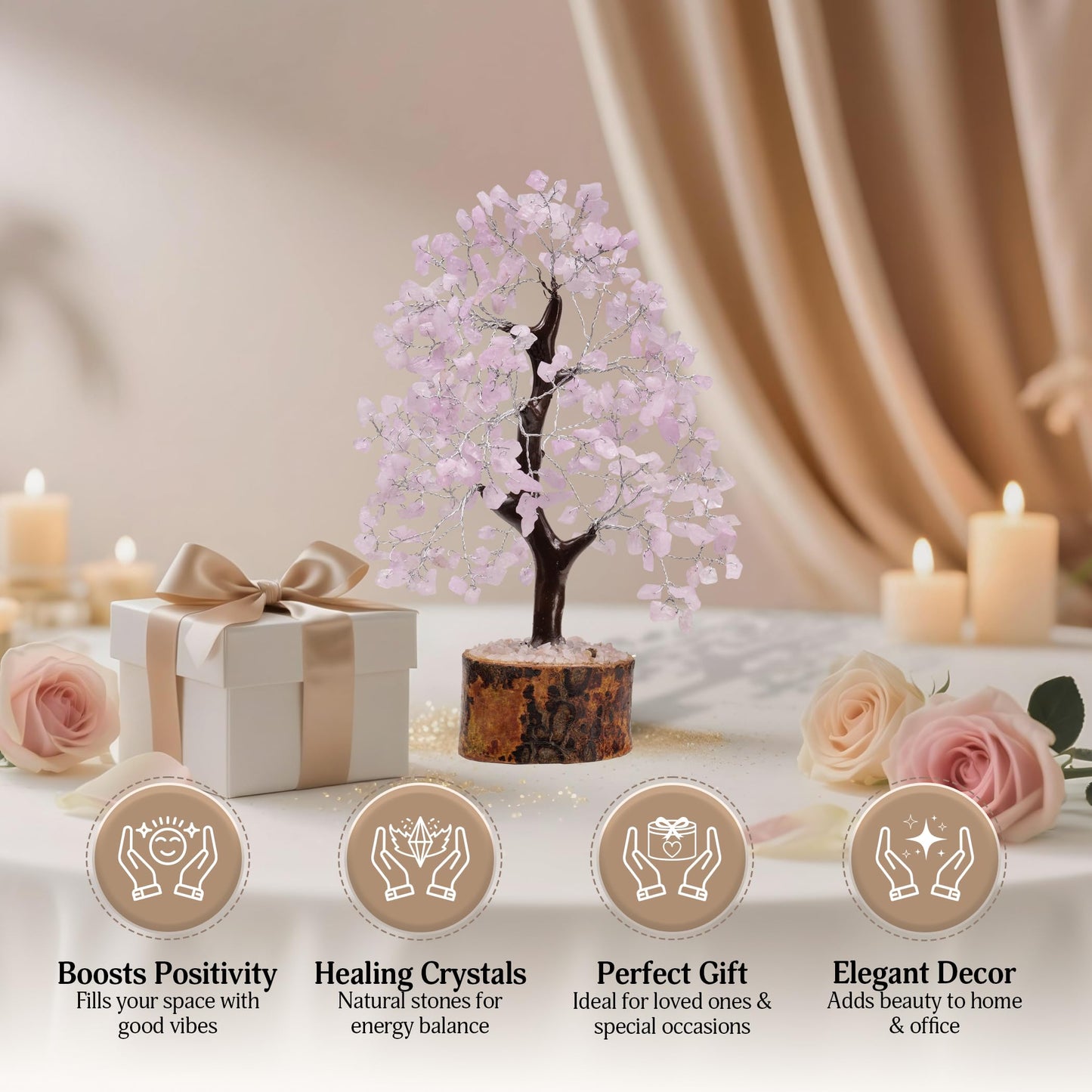 FASHIONZAADI Rose Quartz Crystal Tree of Life for Women Office Decor, Good Luck, Money, Meditation, Positivity, Handmade Healing Crystal Stones Bonsai Tree Spiritual Birthday Gifts for Women