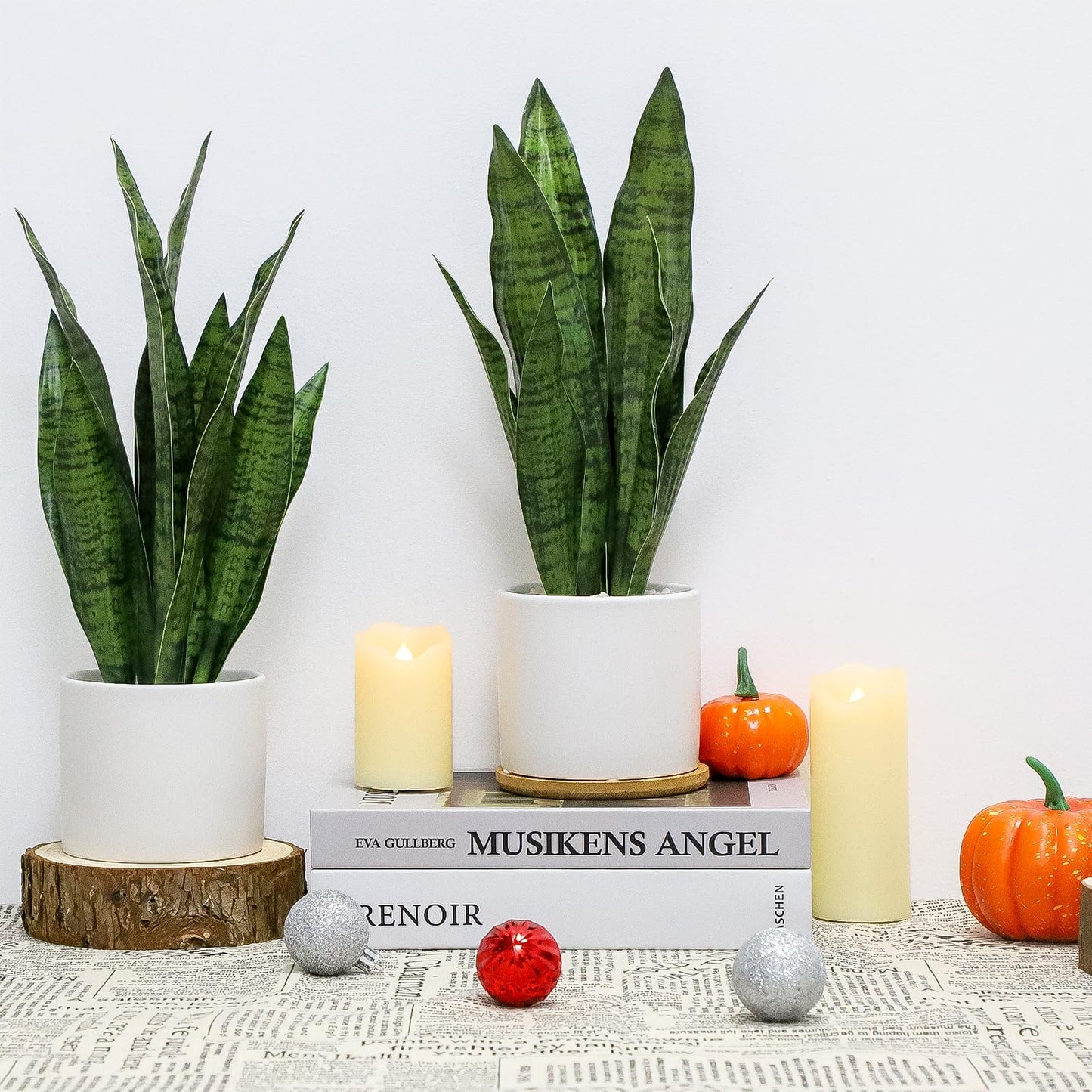 Anewsun Faux Plants, Artificial Snake Plant Set of 2, Faux Snake Plant with Pure White Ceramic Pots, Fake Sansevieria for Home Decor Indoor, Office, Living Room, Housewarming Gifts