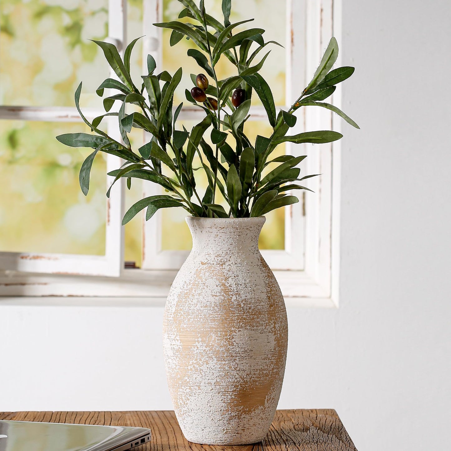 TaskFix Ceramic Vase, 11 inch Tall Off-White Vase, Large Decorative Terracotta Vases, Farmhouse Rustic Pottery Vases for Home Decor, Living Room, Table (Apricot)