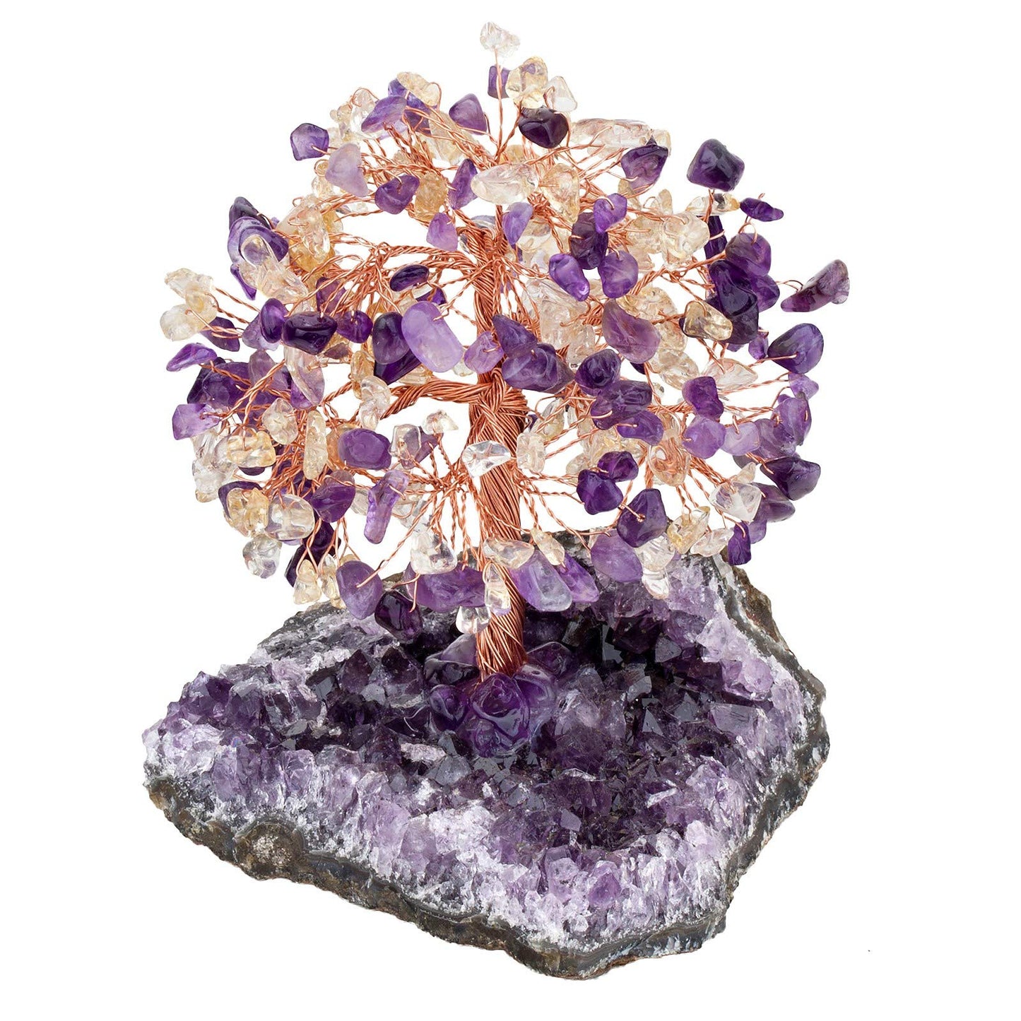 SUNYIK Healing Crystal Tree on Natural Amethyst Cluster Crystal Quartz Base, Handmade Crystal Bonsai Money Tree for Wealth and Luck 4.5-6" Tall, Purple/Yellow