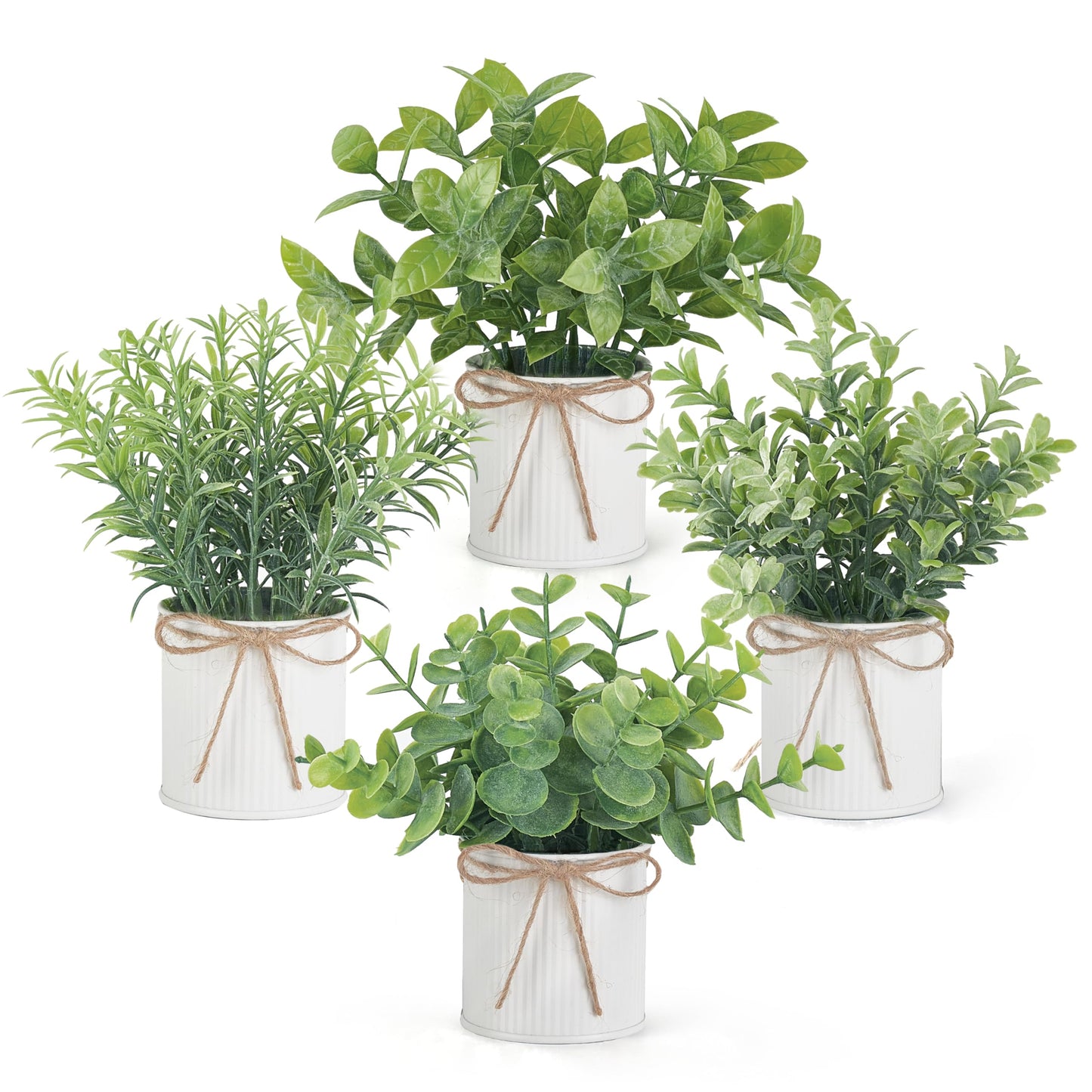 Mkono 4 Packs Small Fake Plants in Farmhouse Galvanized Pots Table Centerpiece Mini Potted Artificial Plants Faux Eucalyptus for Shelf Office Rustic Home Decor (White, Mini-6" H)