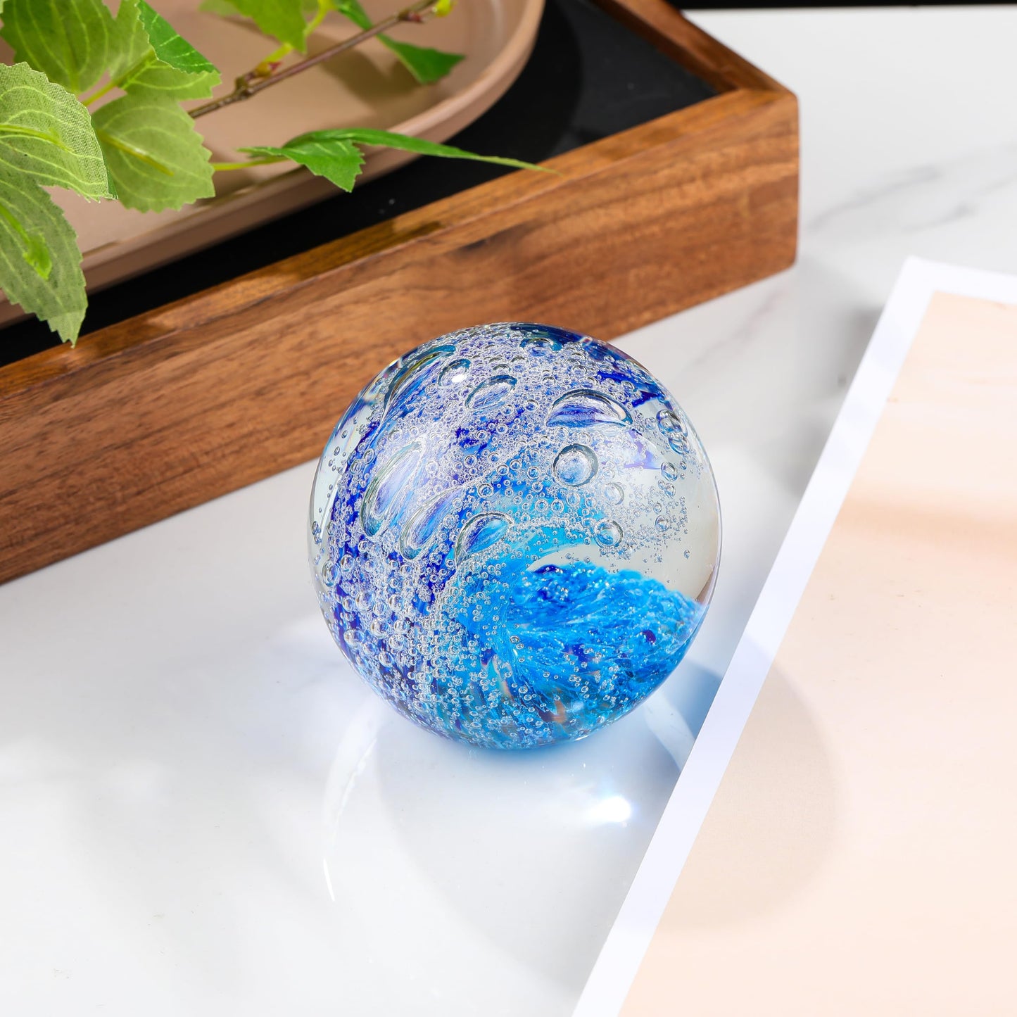 Qianwei Ocean Waves Hand Blown Glass Decor Crystal Ball Sea Figurines Gifts