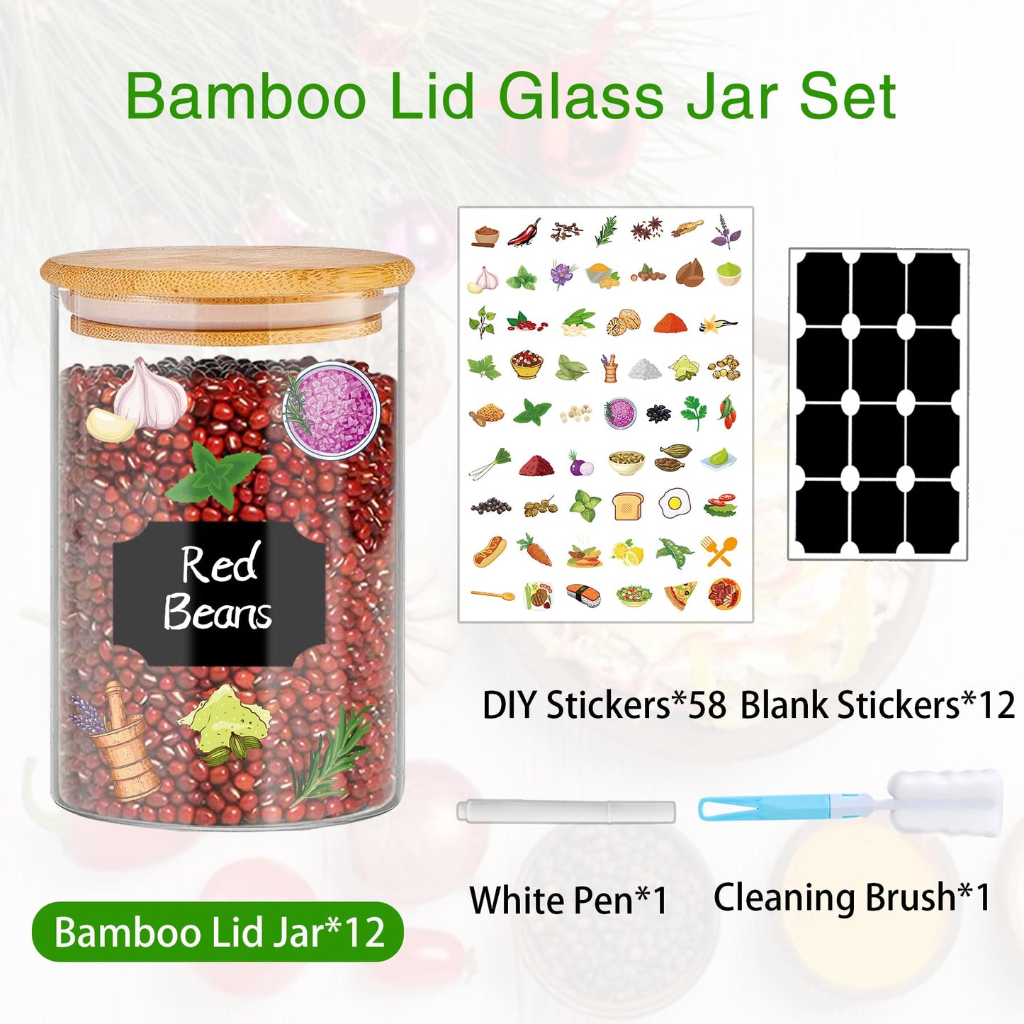 BGraceyy Glass Jars with Bamboo Lids 20 oz, 12 Pcs Stackable Kitchen Glass Pantry Storage Containers with Airtight Bamboo Lids for Rice, Candy, Sugar, Flour, Nuts, Cookie, Bean