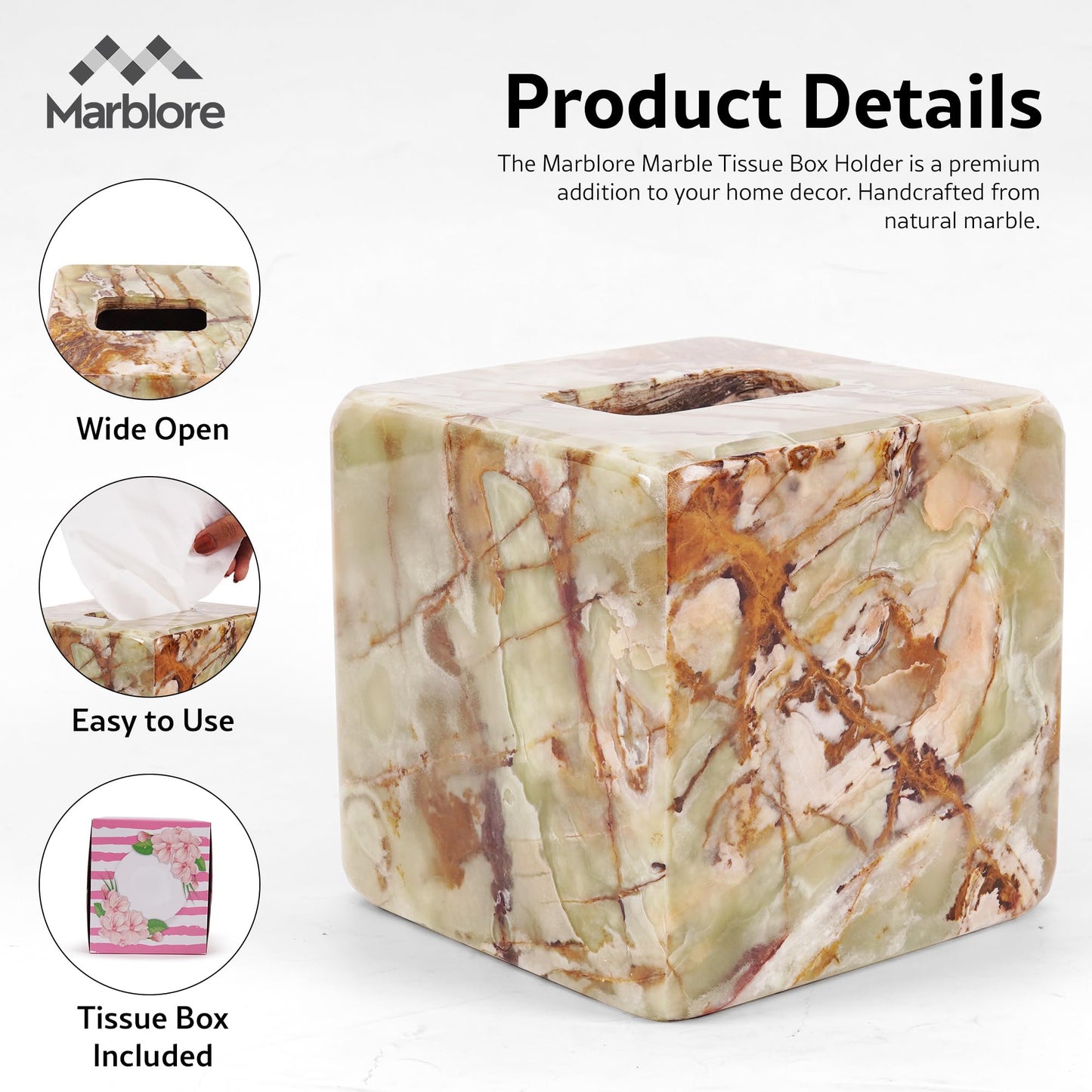 Marble Tissue Box Holder 5.5" Inch Green Tissue Box Cover Perfect for Room Decor, Bathroom Organizer, and Vanity Organizer, Home Office Table Top Decorative Box