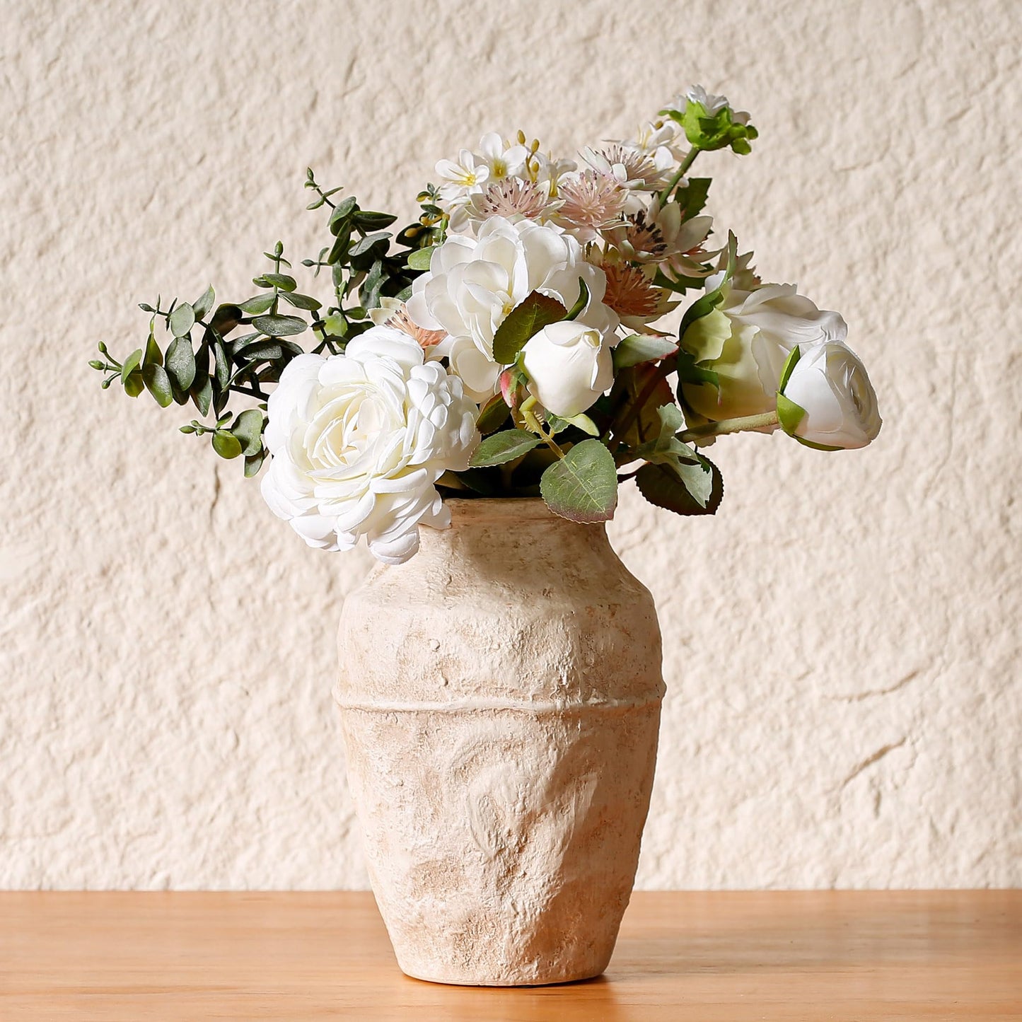 Ceramic Flower Vase, 8.07 Inch (20.5 cm) - Retro Beige Textured Rustic Farmhouse Decorative Vase for Living Room, Table, Fireplace, Kitchen & Home Centerpiece