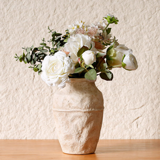 Ceramic Flower Vase, 8.07 Inch (20.5 cm) - Retro Beige Textured Rustic Farmhouse Decorative Vase for Living Room, Table, Fireplace, Kitchen & Home Centerpiece
