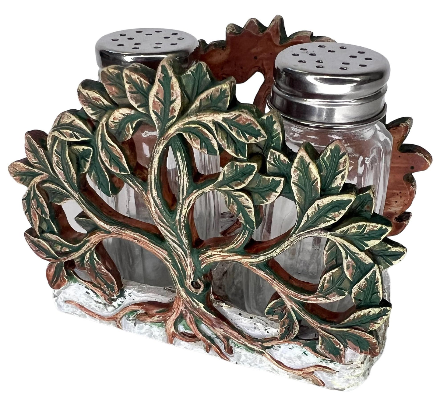 Tree of Life Salt and Pepper Shaker Set - Holder and Two Glass Shakers with Stainless Tops – Decorative Modern Rustic Celtic Spiritual Art