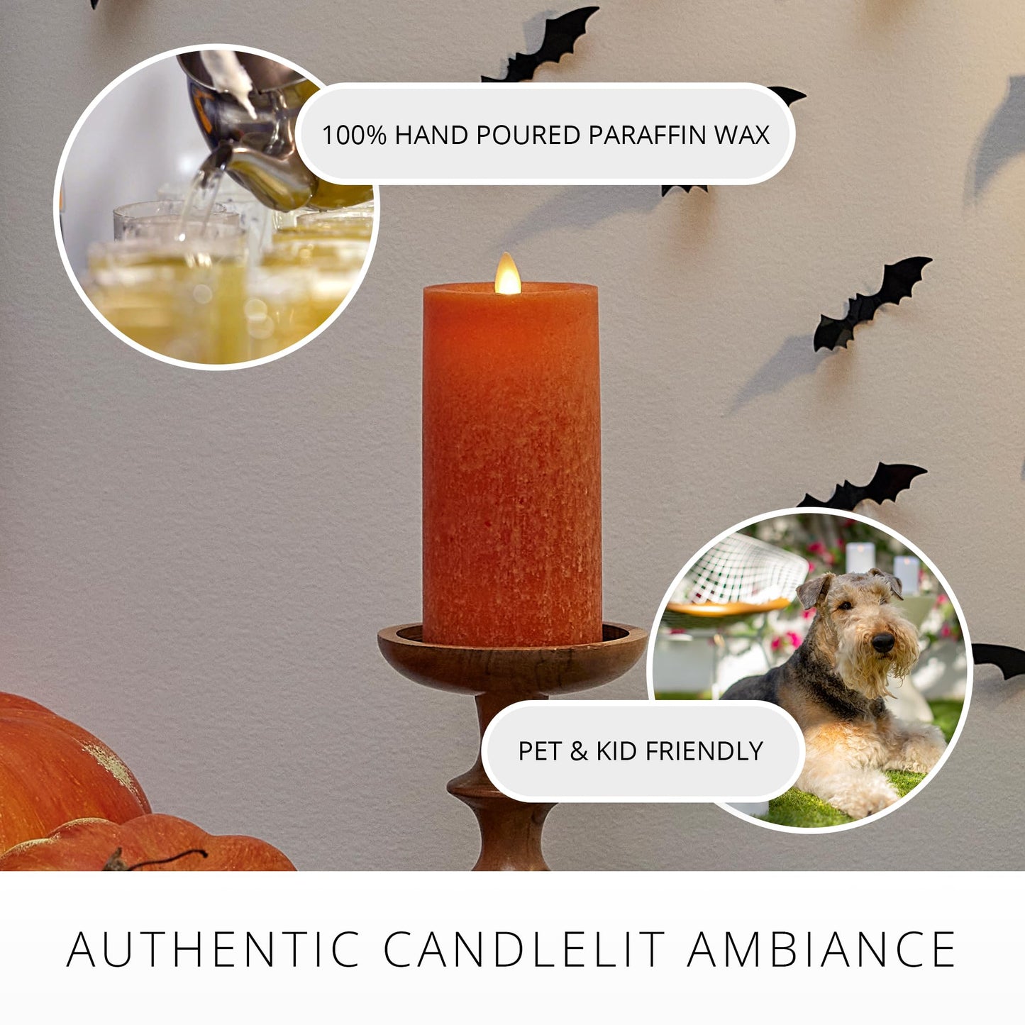 Luminara Sea Glass Flameless Candle, Harvest Pumpkin 3" x 4.5", Moving LED Flame Pillar with Timer, Battery Operated, Real Wax, Unscented Home Décor