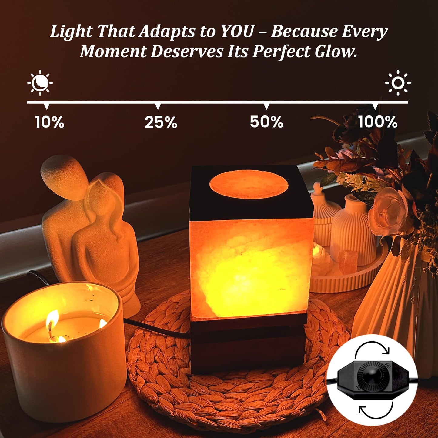POHS 100% Authentic Himalayan Pink Salt Cube Lamp with Black Wooden Base, Dimmer Switch Cord and Two Bulbs, Night Light for Home and Office Table and Desk, Gift and Decor