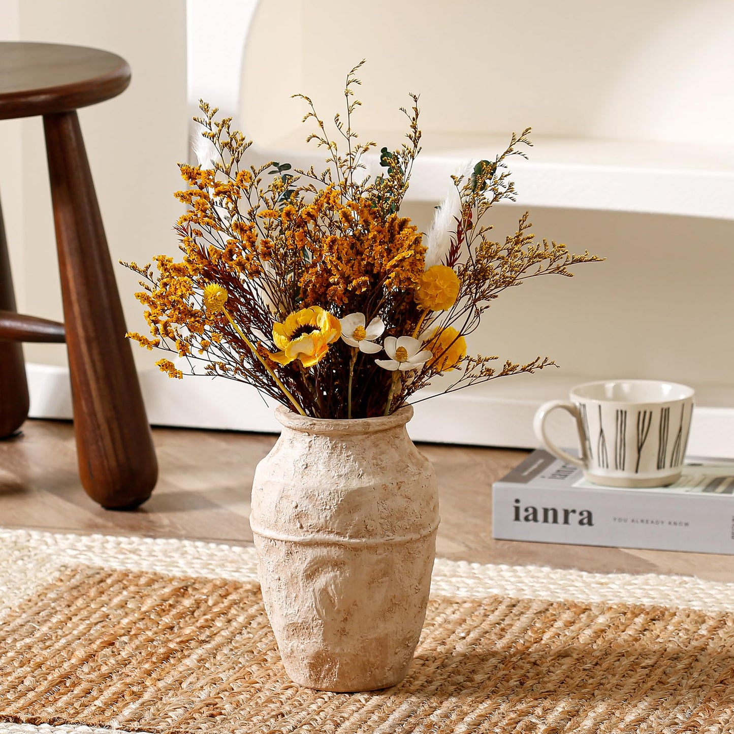 Ceramic Flower Vase, 8.07 Inch (20.5 cm) - Retro Beige Textured Rustic Farmhouse Decorative Vase for Living Room, Table, Fireplace, Kitchen & Home Centerpiece