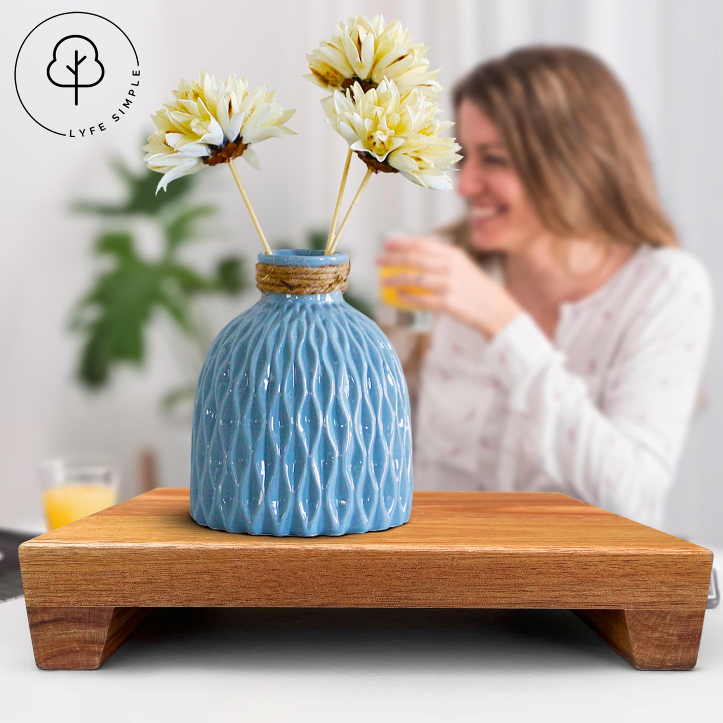 Lyfe Simple Natural Acacia Wood Pedestal Stand | Wood Riser with Decorative Beads | Kitchen Counter Decor | Soap Tray for Kitchen Sink | Bathroom Tray | Tabletop Wooden Stand (9 x 6 x 1.75 Inch)