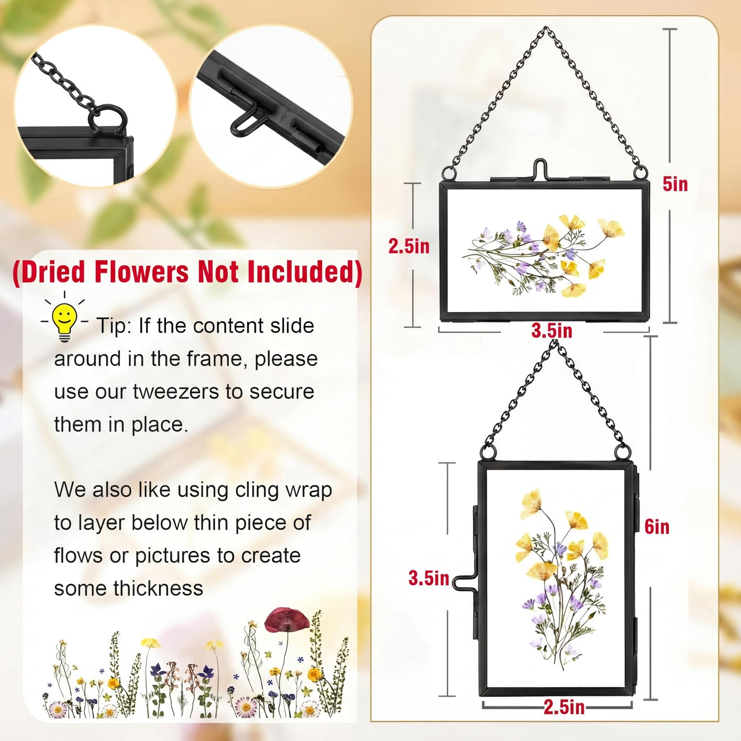 FOCHIER F 4 Pcs Pressed Flower Frame with Tweezers, Wall Hanging Tabletop Display Double Glass Frames with Metal Chain for Pressed Dried Flowers Plants, Horizontal and Vertical Picture Frame, Black, FRAMES ONLY