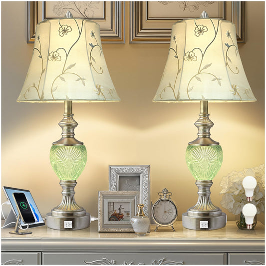 Bedside Table Lamp Set of 2 with Nightlight and USB A+C Ports, 27'' High Vintage Table Lamps with Silver Leaf Finish and Embroidered Shade, Nightstand Lamps Decor for Bedroom Living Room Home Office