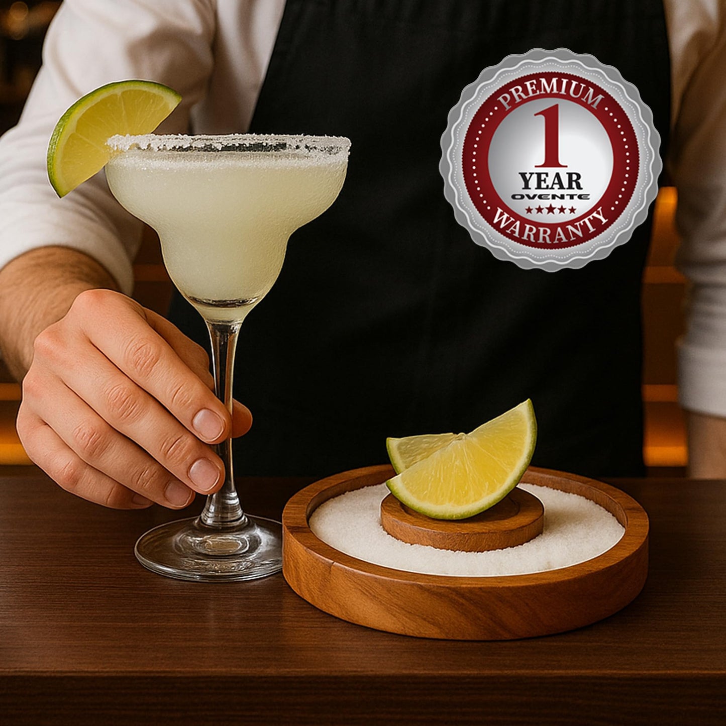 OVENTE Margarita Salt and Sugar Rimmer with Lid, Acacia Wood Glass Rimmer for Cocktail Drinks, Mess-Free Bar Salt Container, Bartender Tool for Coating Mojito, Bloody Mary and More, Brown AWCR616B
